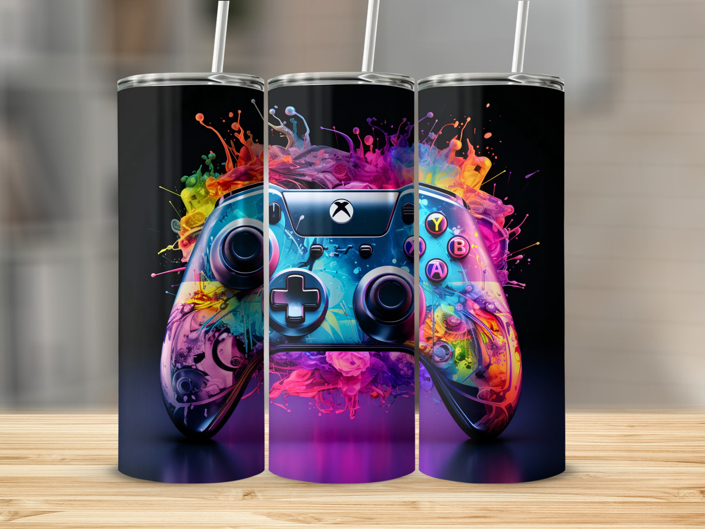 Triptych of a colorful, paint-splattered Xbox controller with straws.