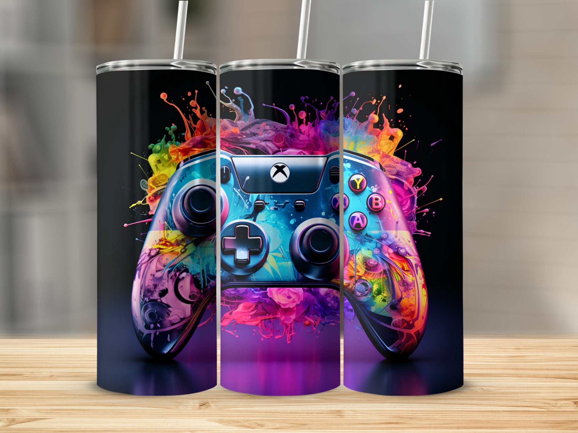 Triptych of a colorful, paint-splattered Xbox controller with straws.