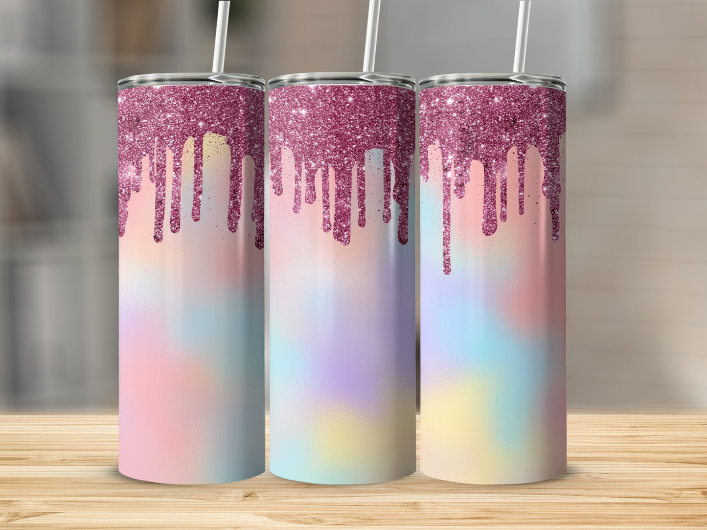 Three tumblers with glitter drip design and pastel watercolor gradient.