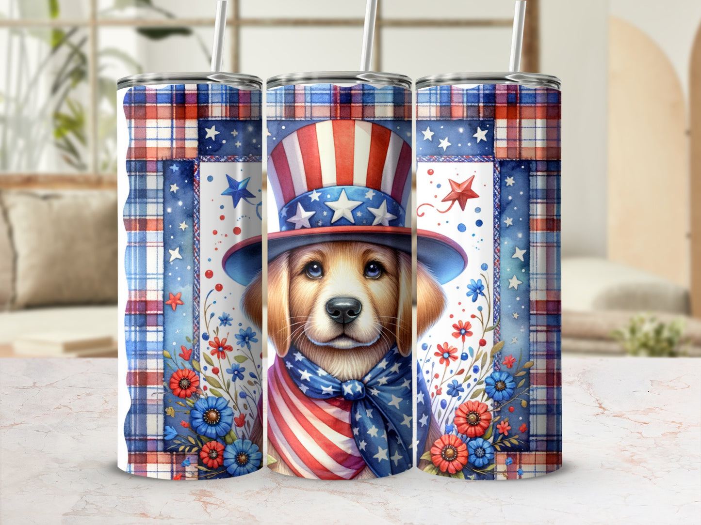 Golden retriever in patriotic hat and bandana surrounded by flowers.