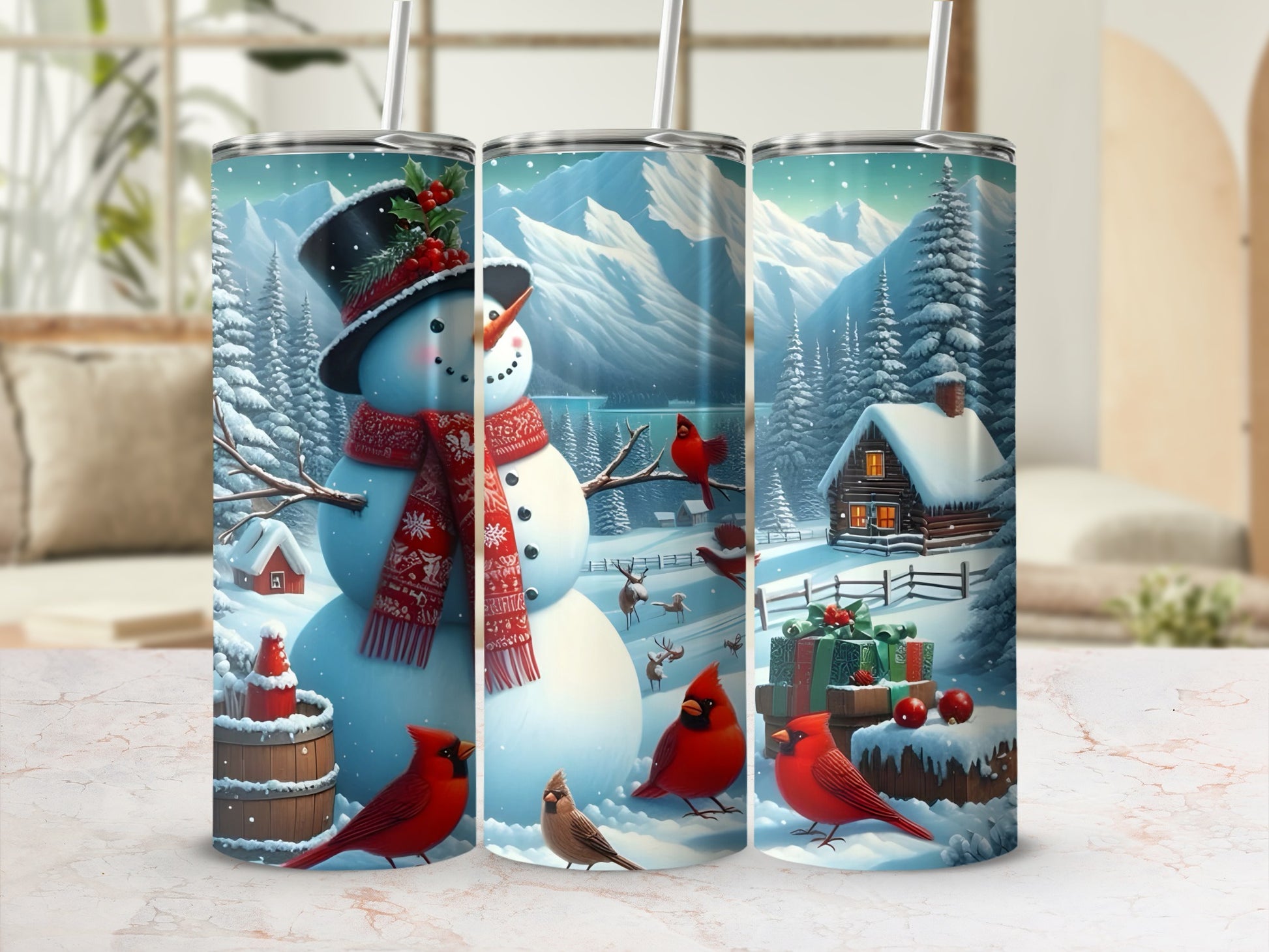 Festive Snowman and Winter Scene Tumbler with Straw