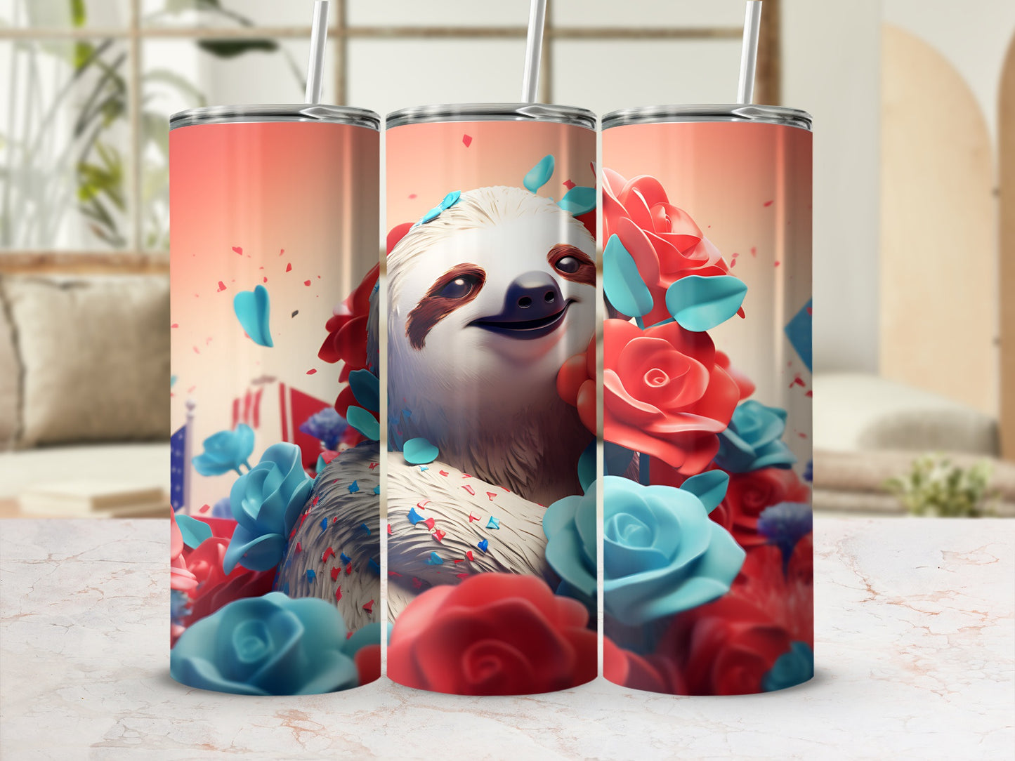 Three tumblers with a smiling sloth surrounded by red and blue roses and confetti.