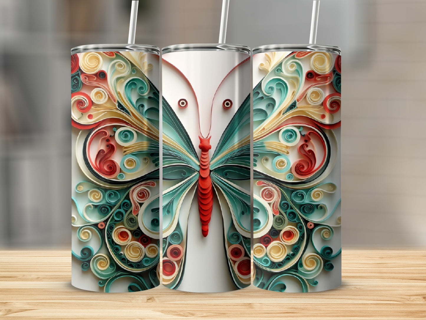 Three tumblers featuring colorful quilled paper butterfly designs.