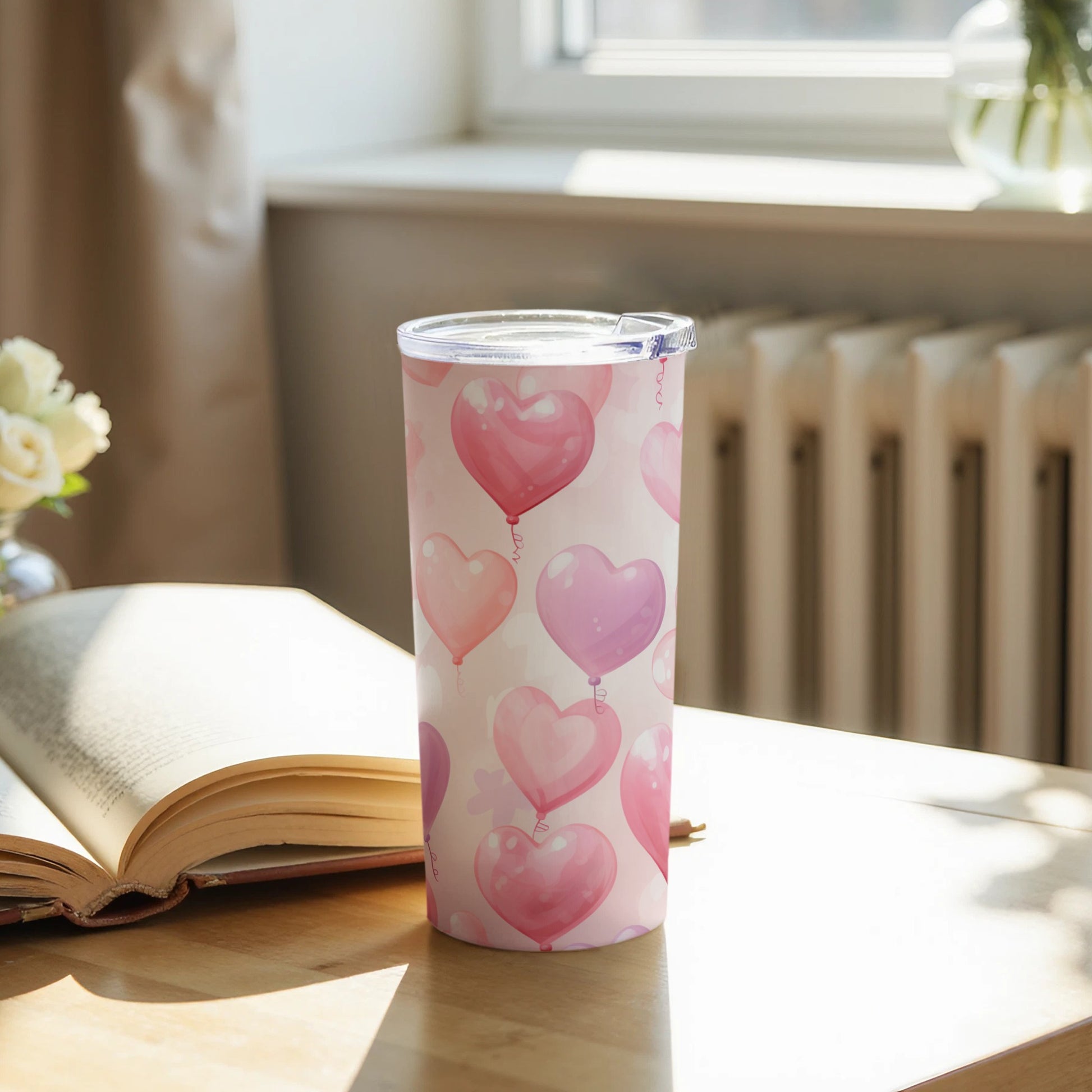 Pink Heart Balloon Design Travel Tumbler for Hot Drinks