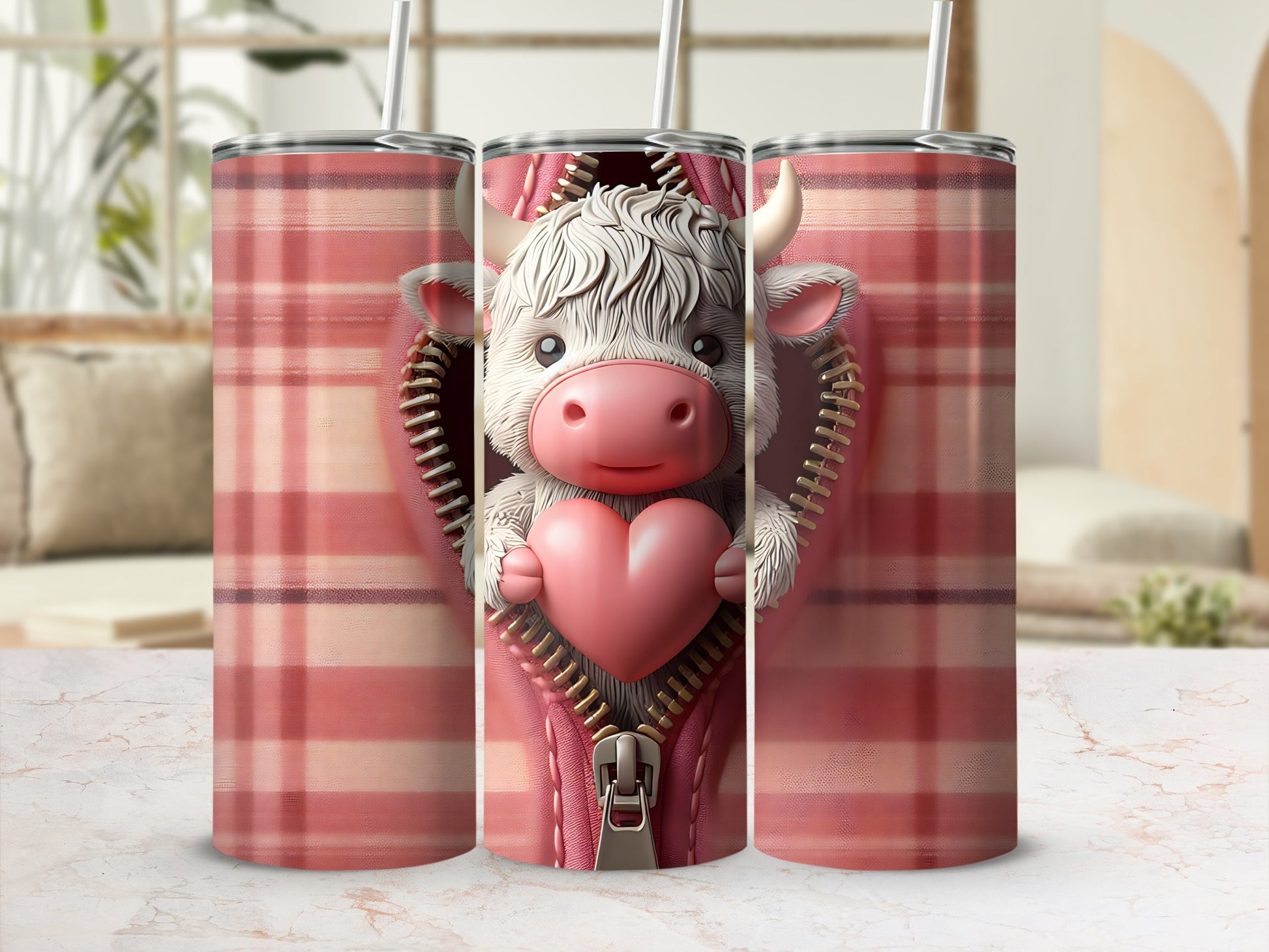 Cute cow peeking through a zipper heart design on a tumbler.
