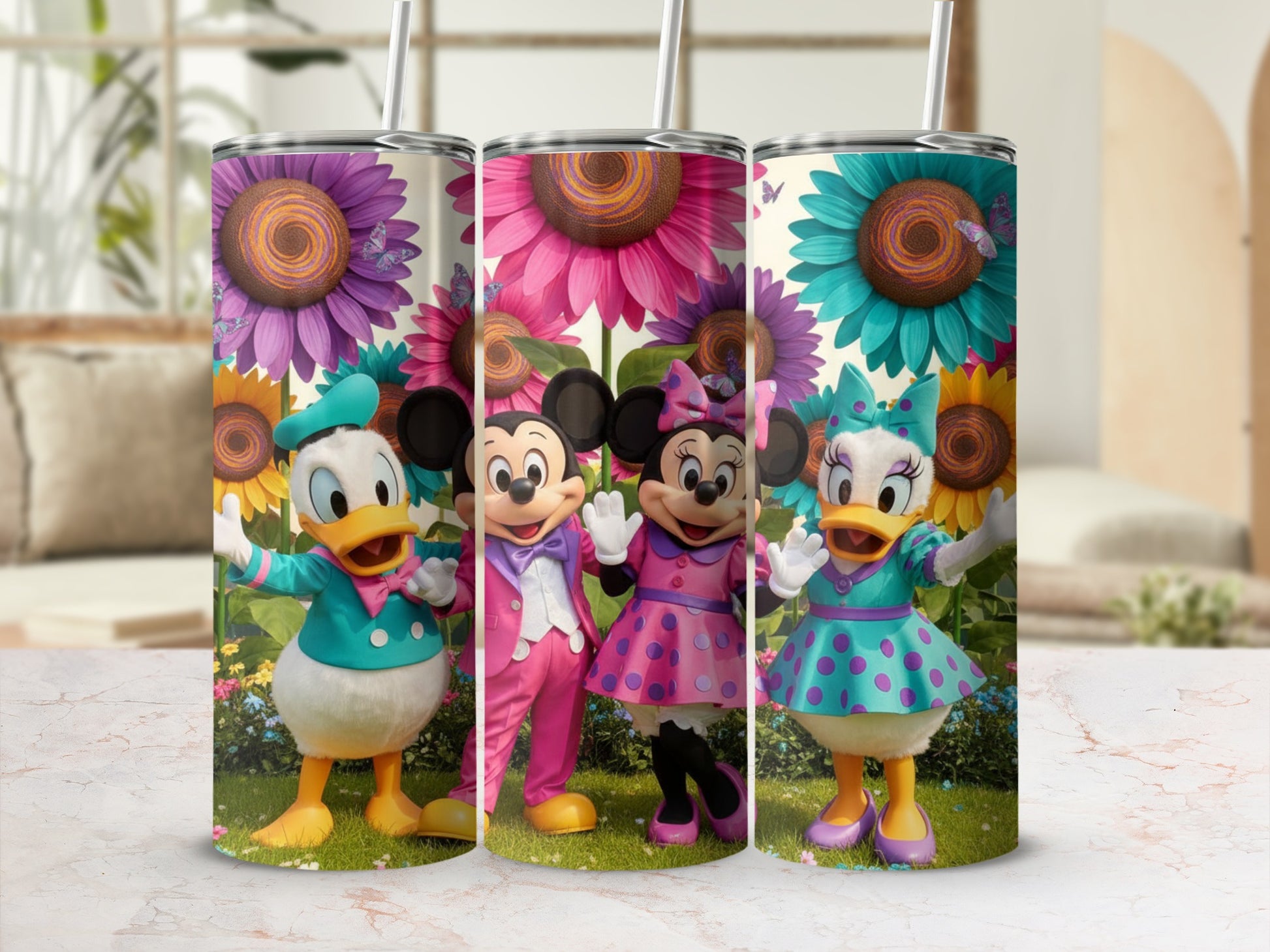 Colorful Disney Characters Tumbler Cup with Flowers
