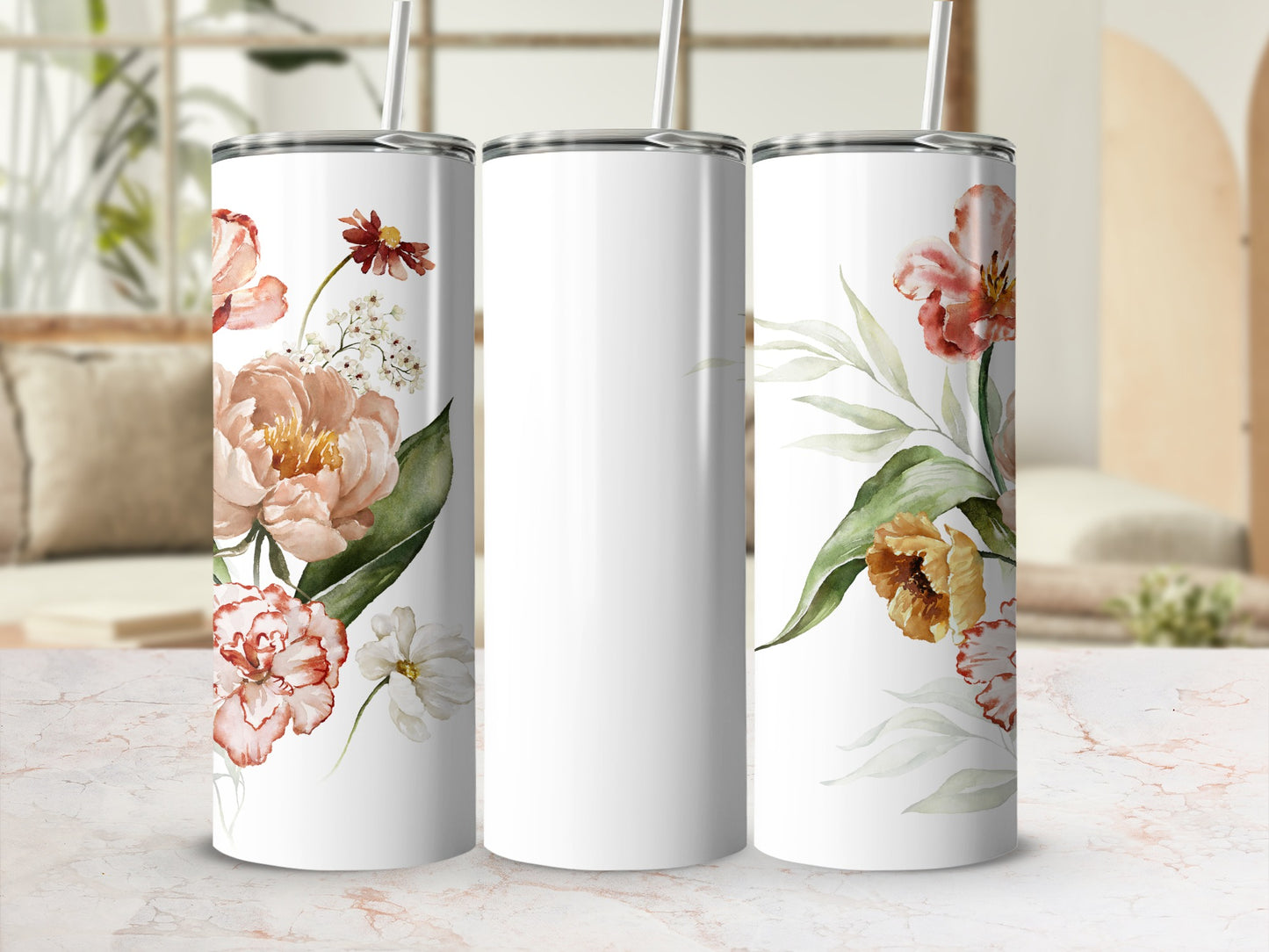 White tumbler with floral watercolor art of peonies and daisies.