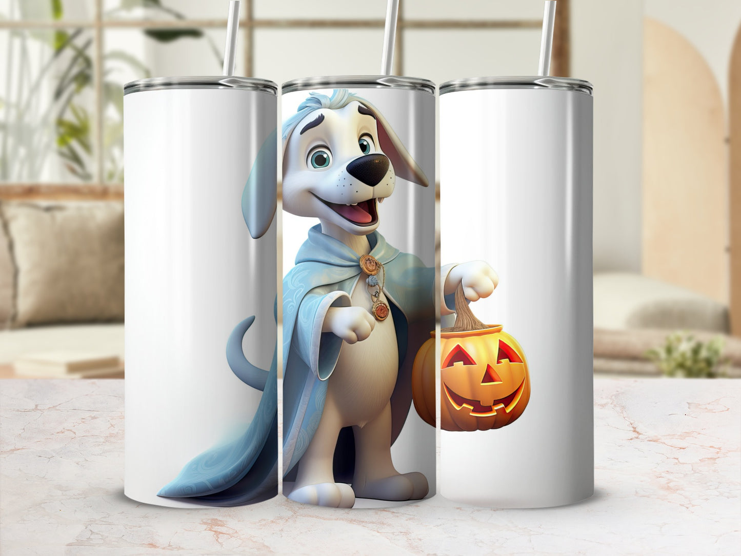 White tumbler with a cartoon dog character holding a jack-o'-lantern.