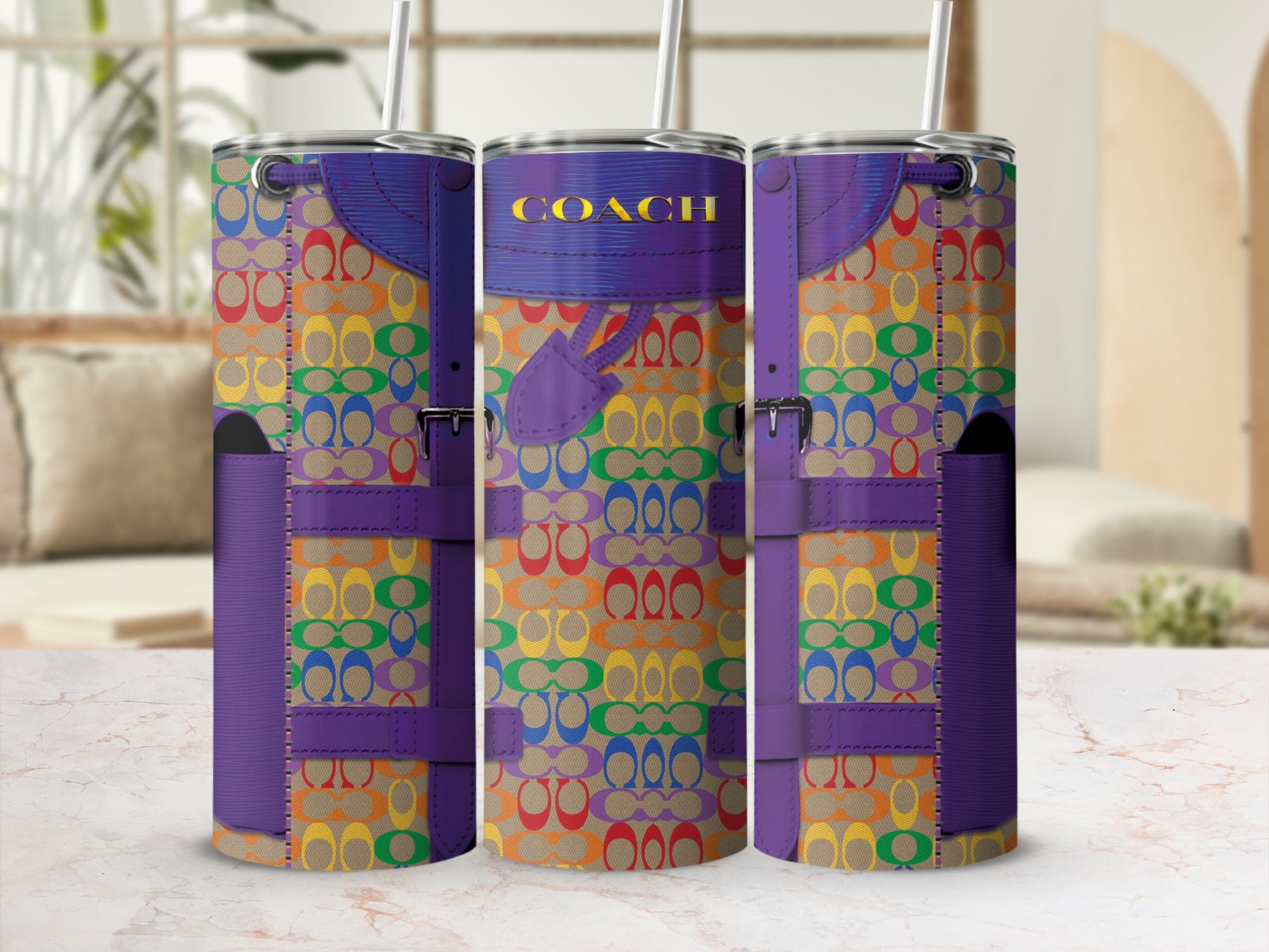 Three tumblers featuring a rainbow Coach logo pattern with purple accents and straps.