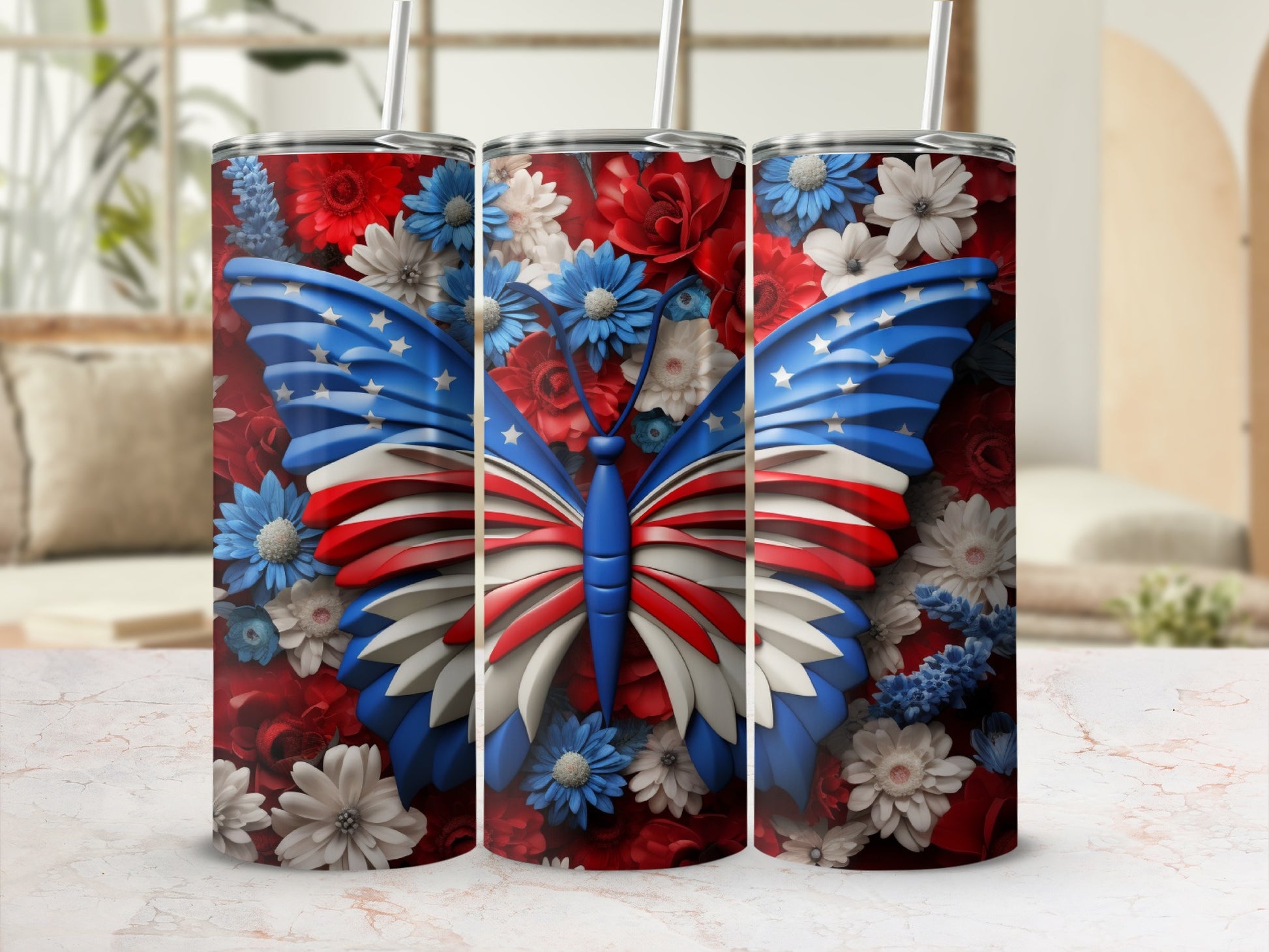 Red, white, and blue butterfly design on a tumbler with floral background.