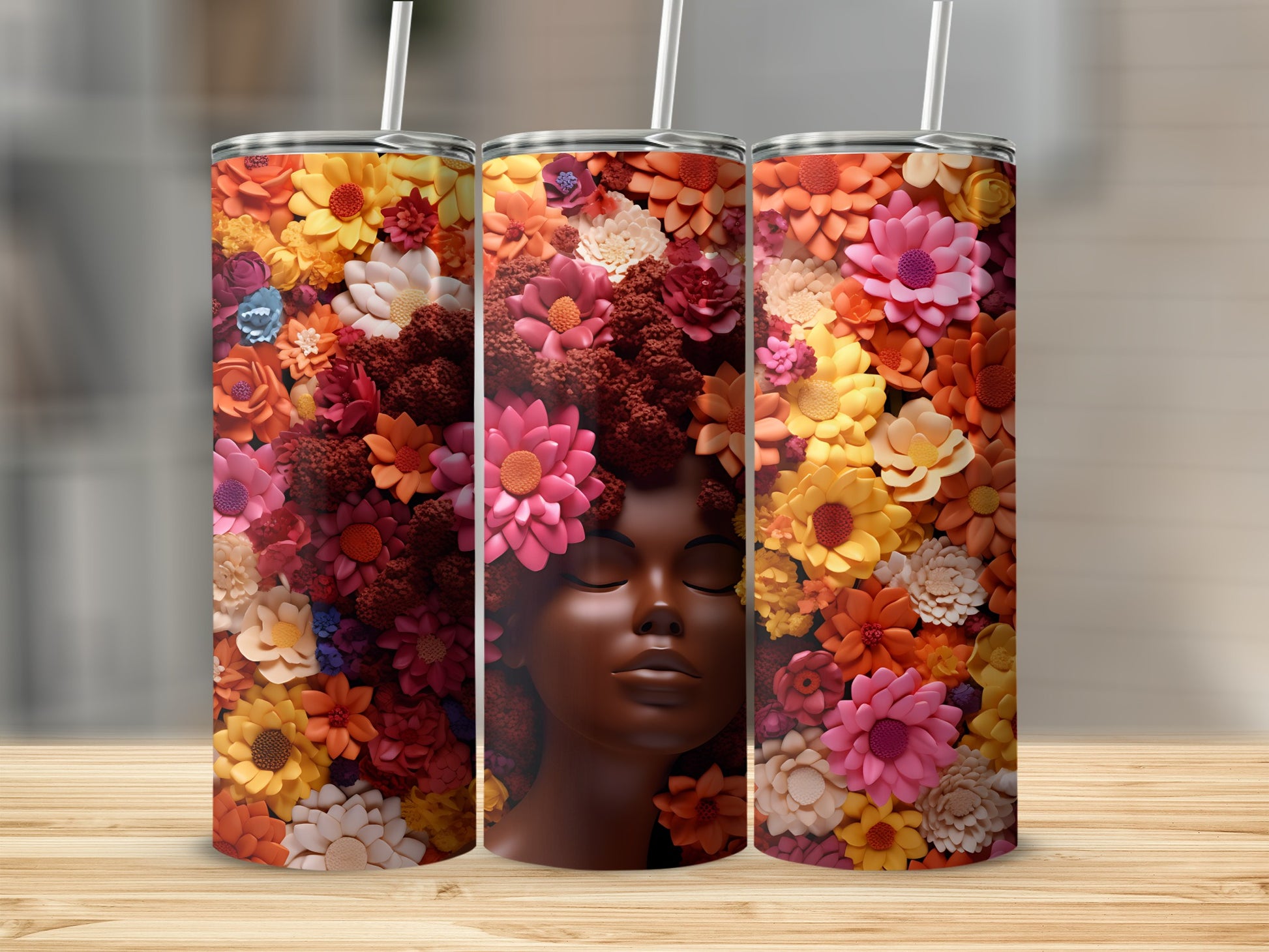 Woman's face with hair made of colorful flowers.