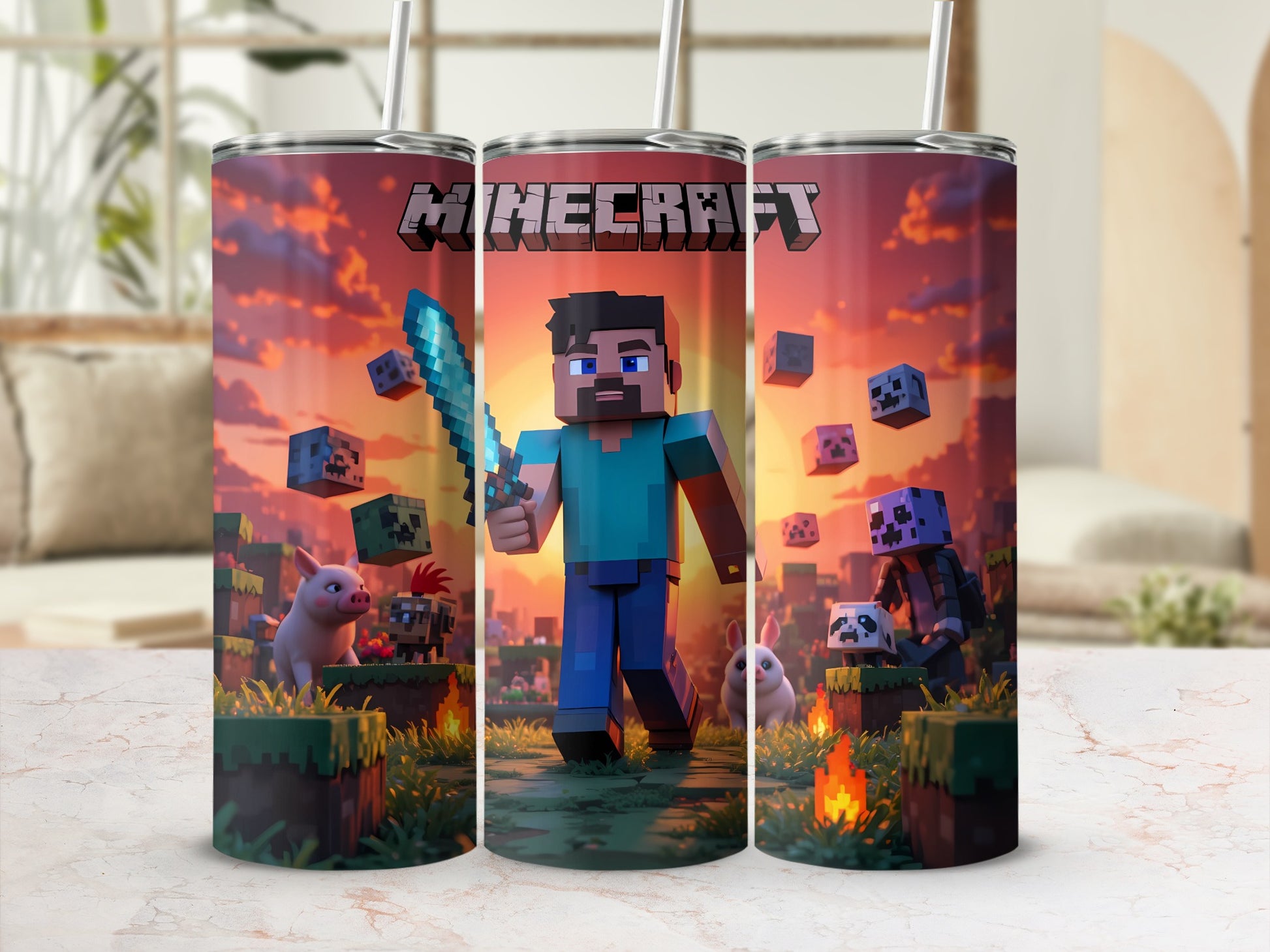 Minecraft Themed Insulated Tumbler with Straw