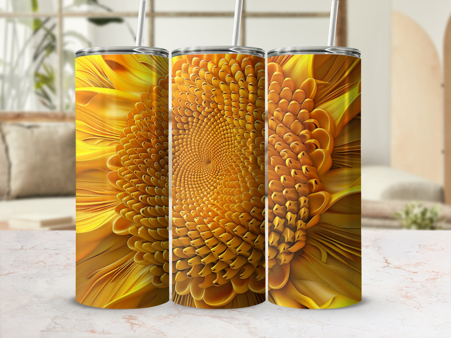 Sunflower tumbler with straw, close-up of textured petals and spiral center.