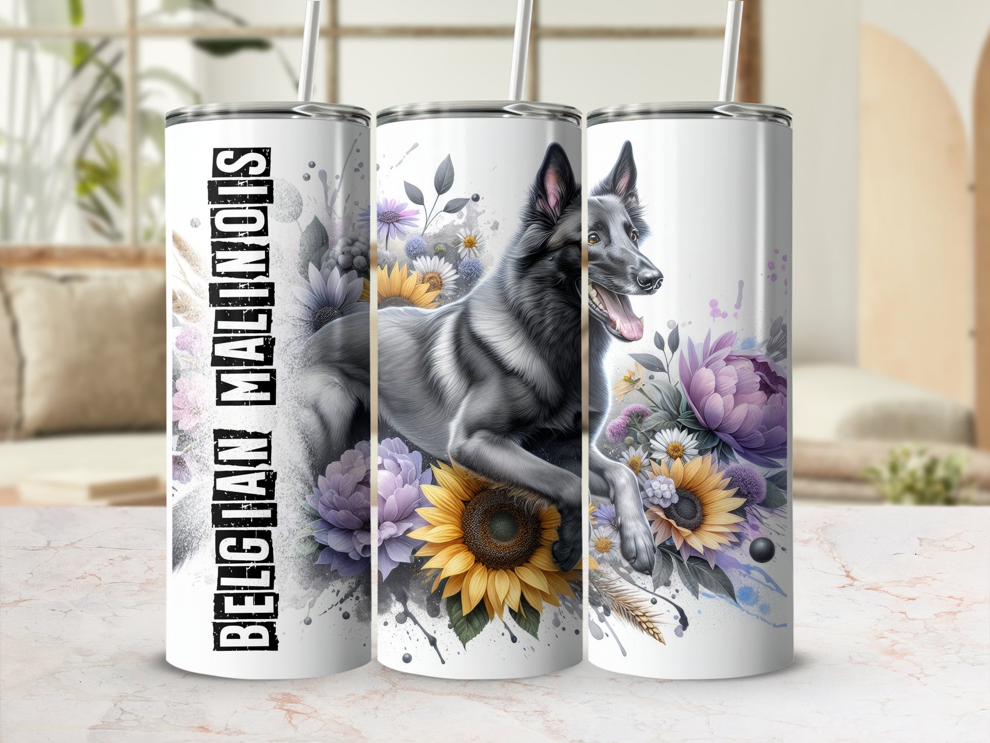 Tumbler with Belgian Malinois dog and floral design.