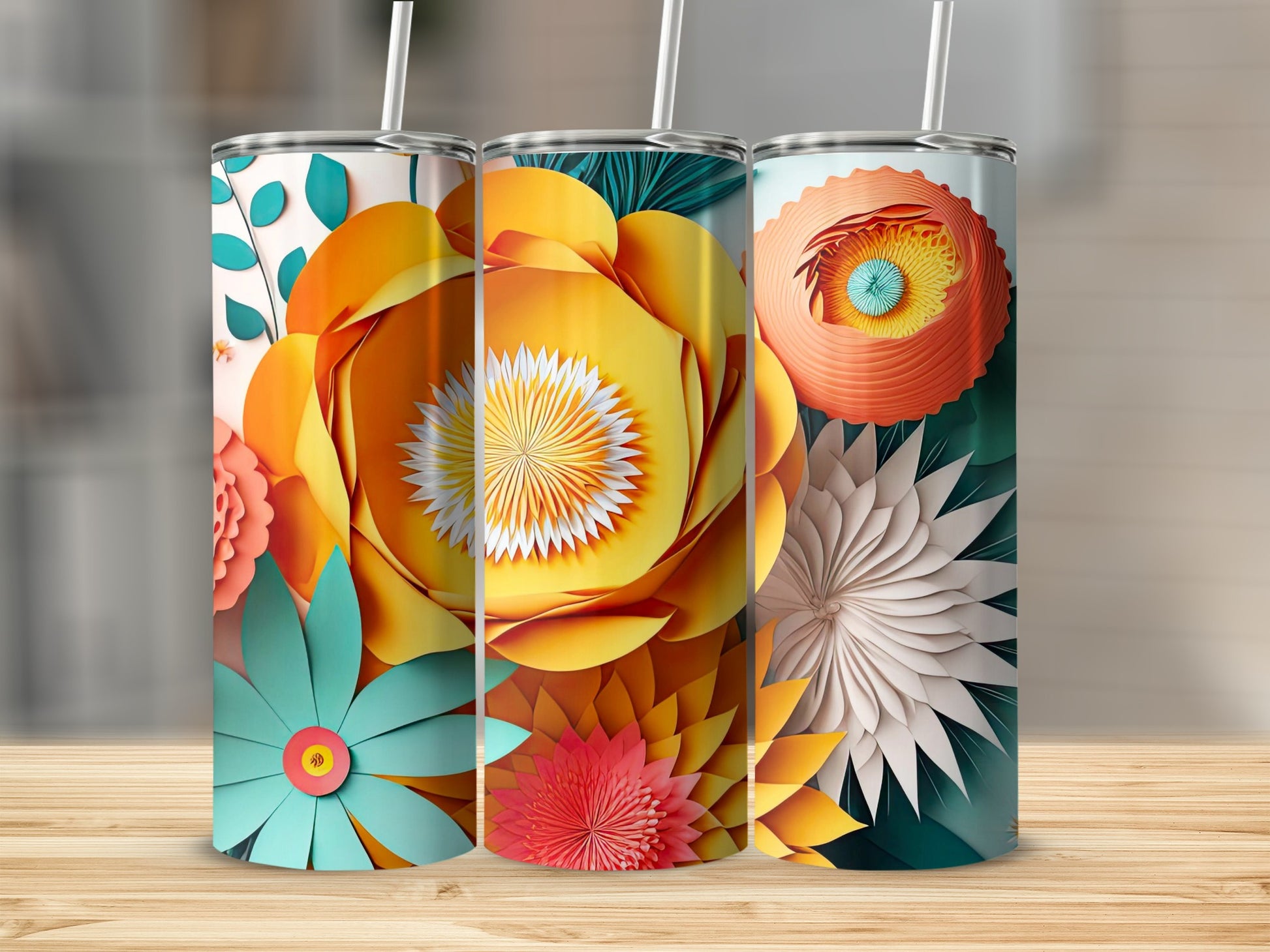Floral Art Design Insulated Tumbler Cup with Straw