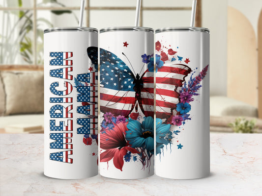 "American" text on tumbler with patriotic butterfly graphic.