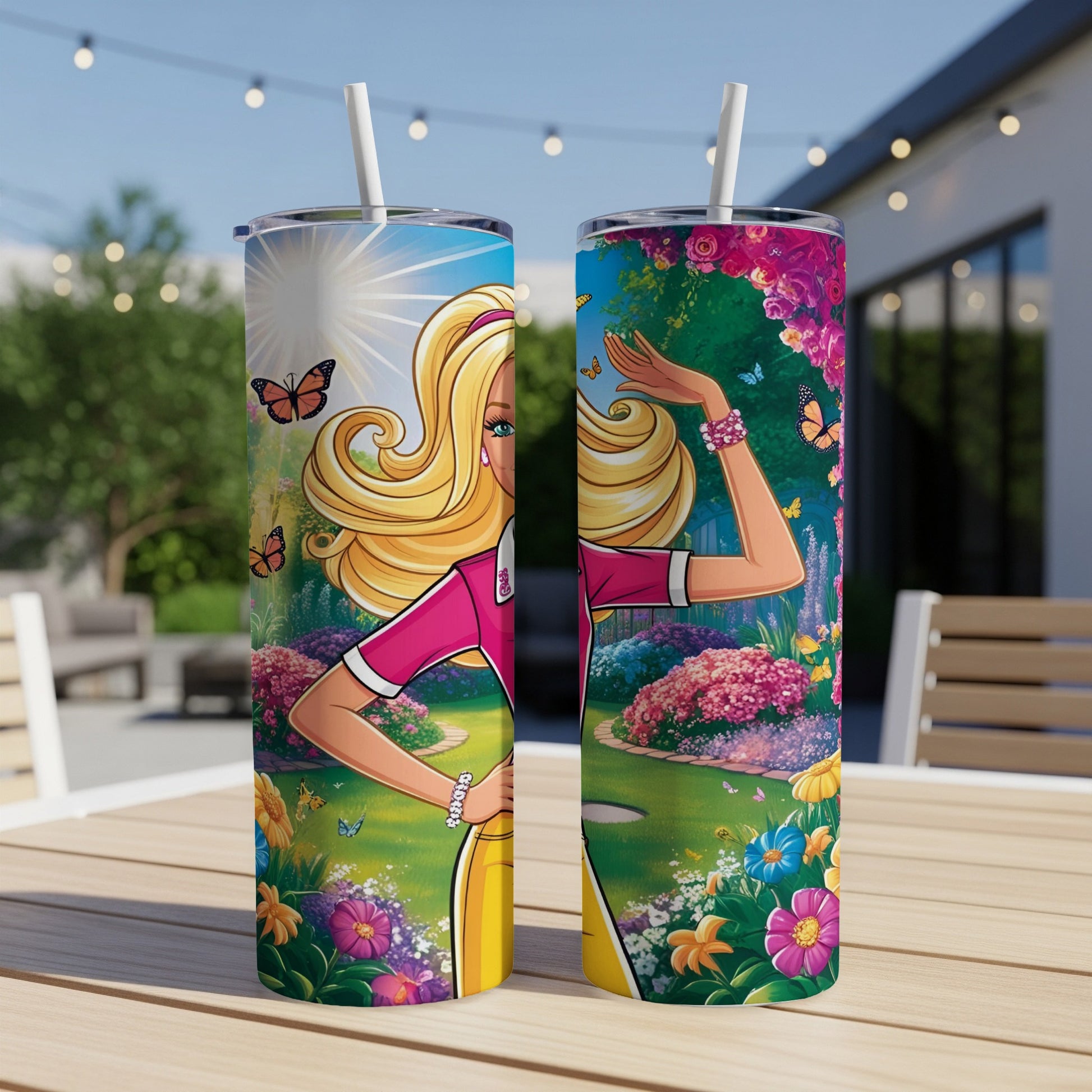 Barbie with butterflies and flowers on a pink and yellow tumbler.