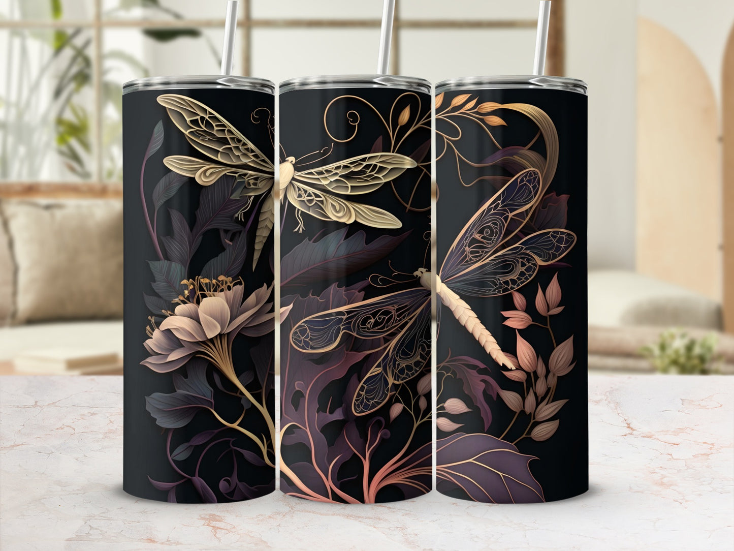Elegant Dragonfly and Floral Art Design Tumbler