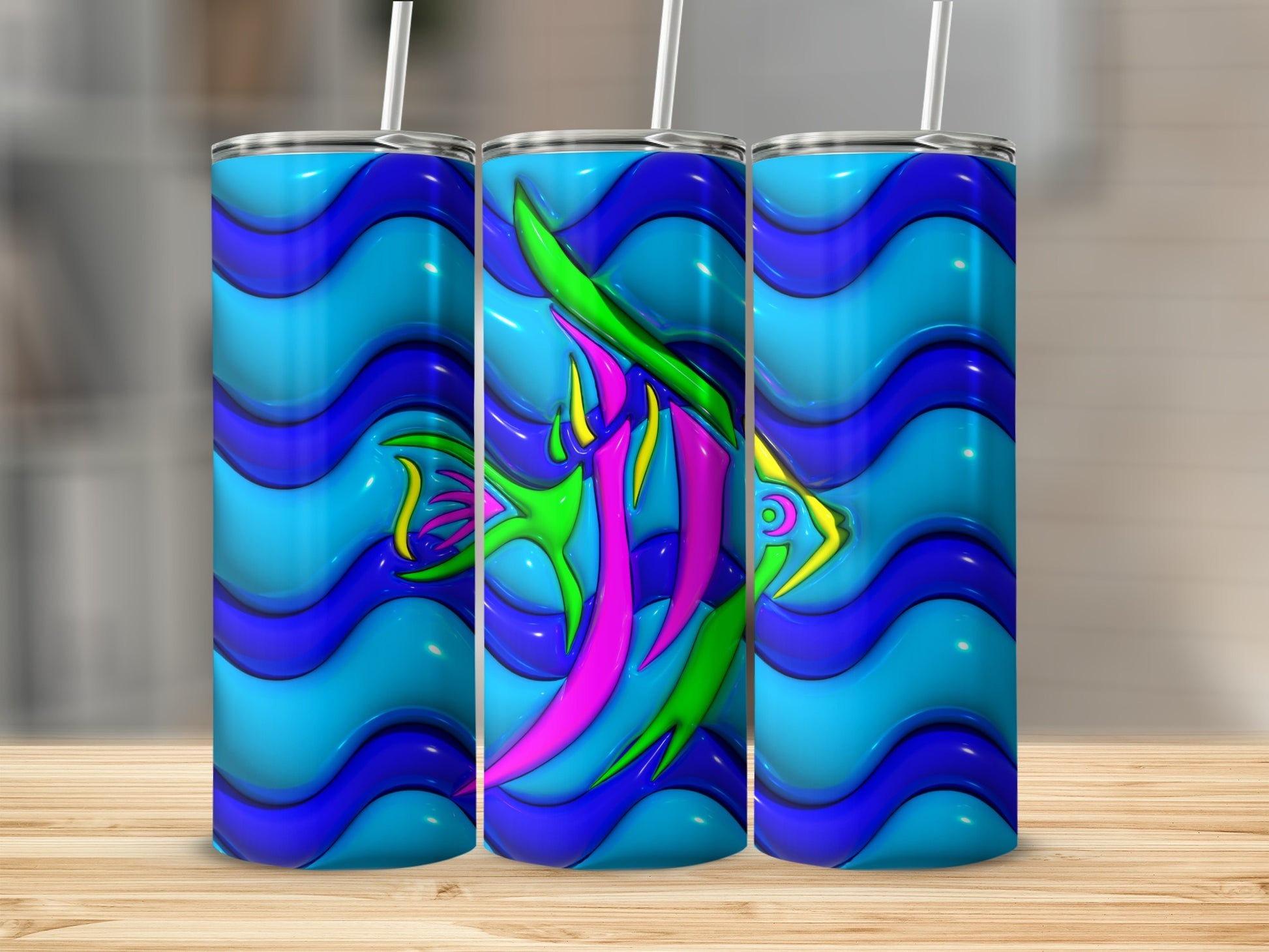 Vibrant Blue Wavy Pattern Abstract Fish Design Product Type
