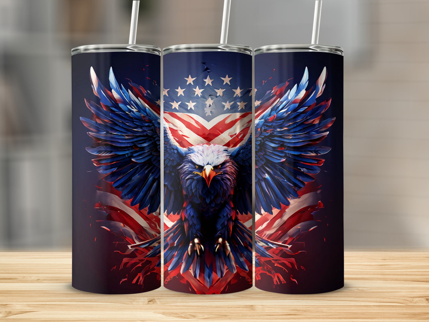 Triptych of tumblers with eagle and American flag design.