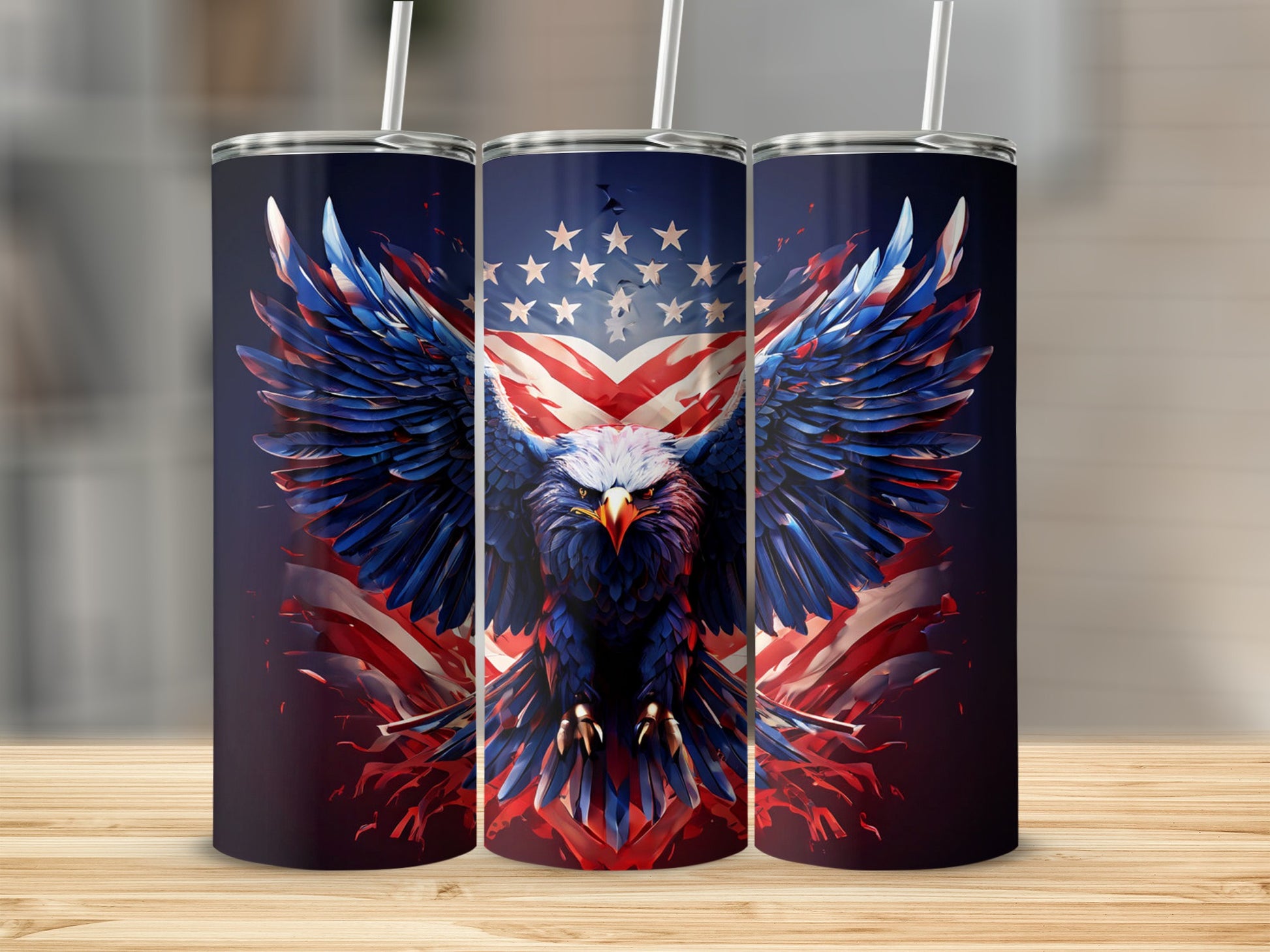 Triptych of tumblers with eagle and American flag design.