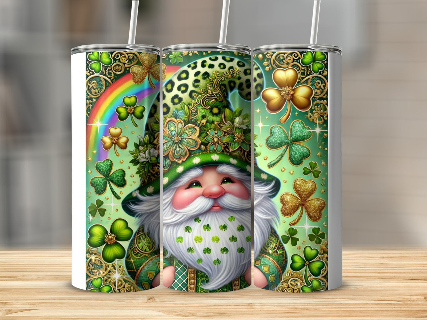 Leprechaun with rainbow, shamrocks, and green patterns on three tumblers.