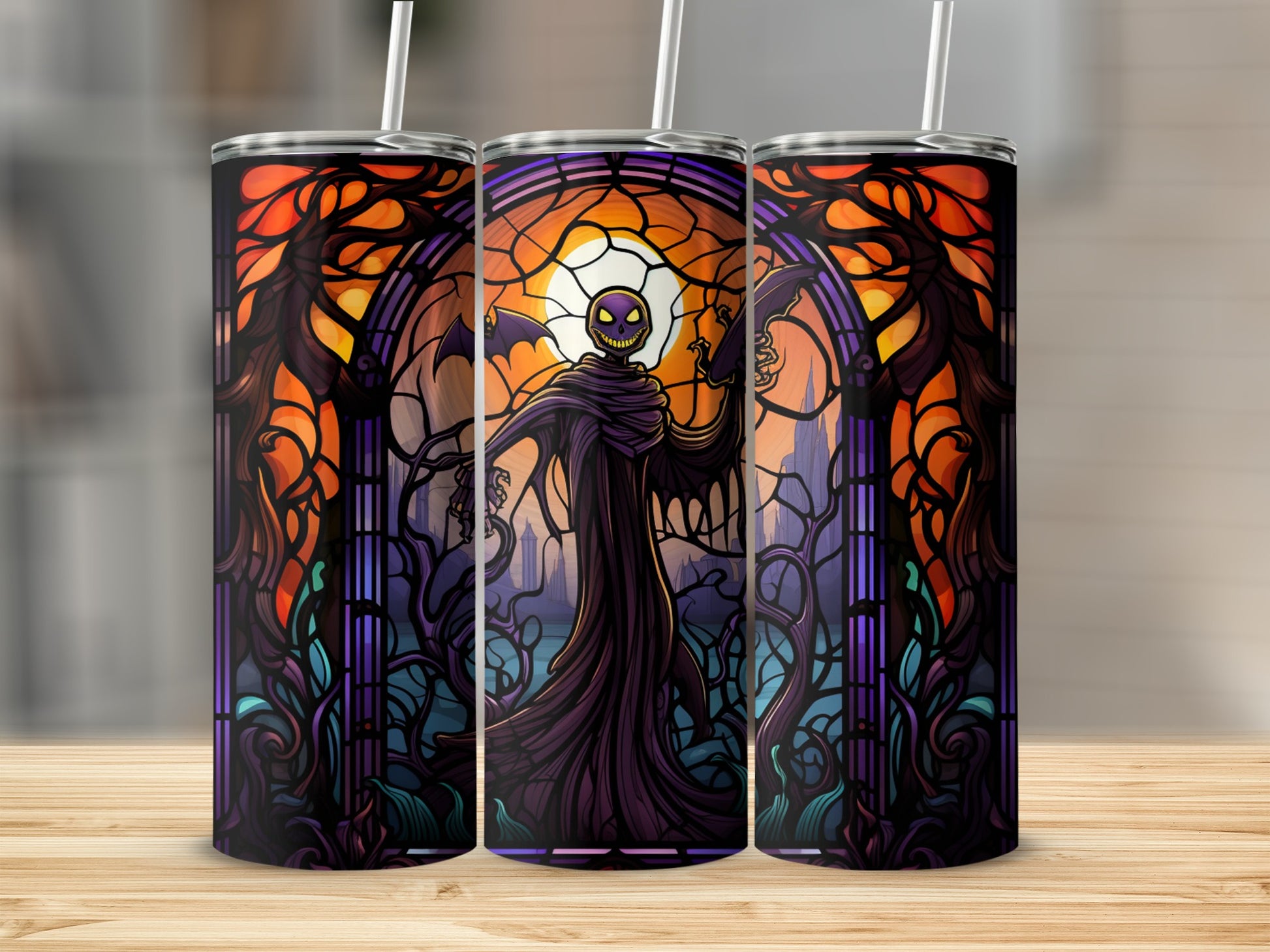 Stained glass tumbler design with spooky figure and autumn trees.
