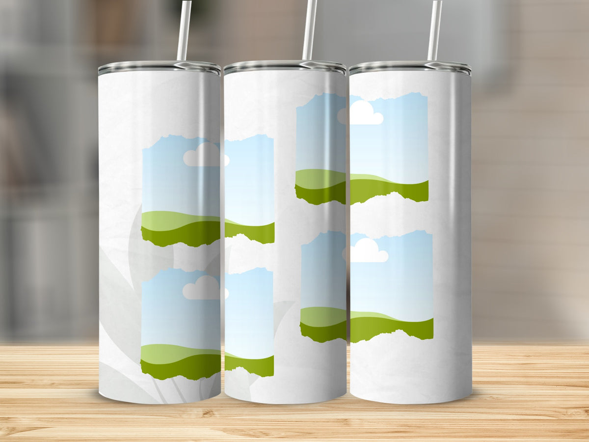 Three white tumblers with straw, each with landscape image placeholders.