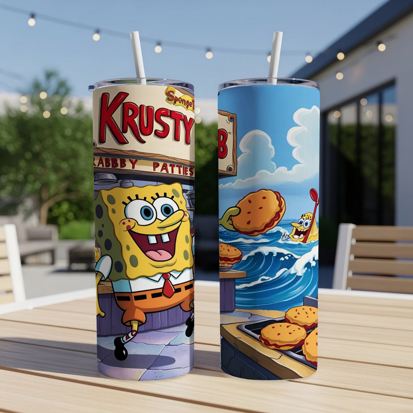 SpongeBob SquarePants Krabby Patty themed tumbler with two cups.