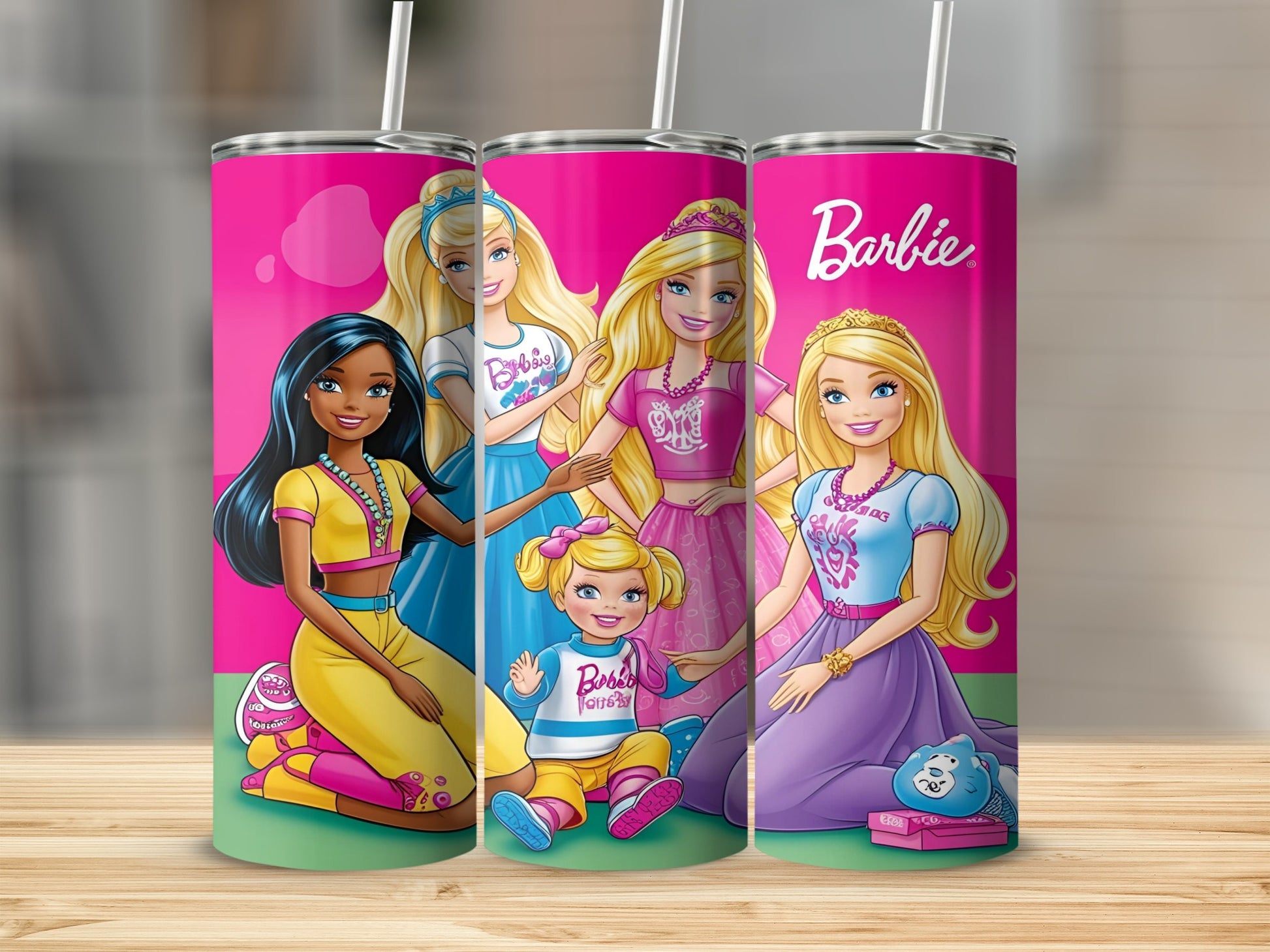 Barbie dolls in bright outfits, with "Barbie" logo on pink background.