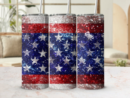 Three tumblers with a red, white, and blue star patriotic pattern.