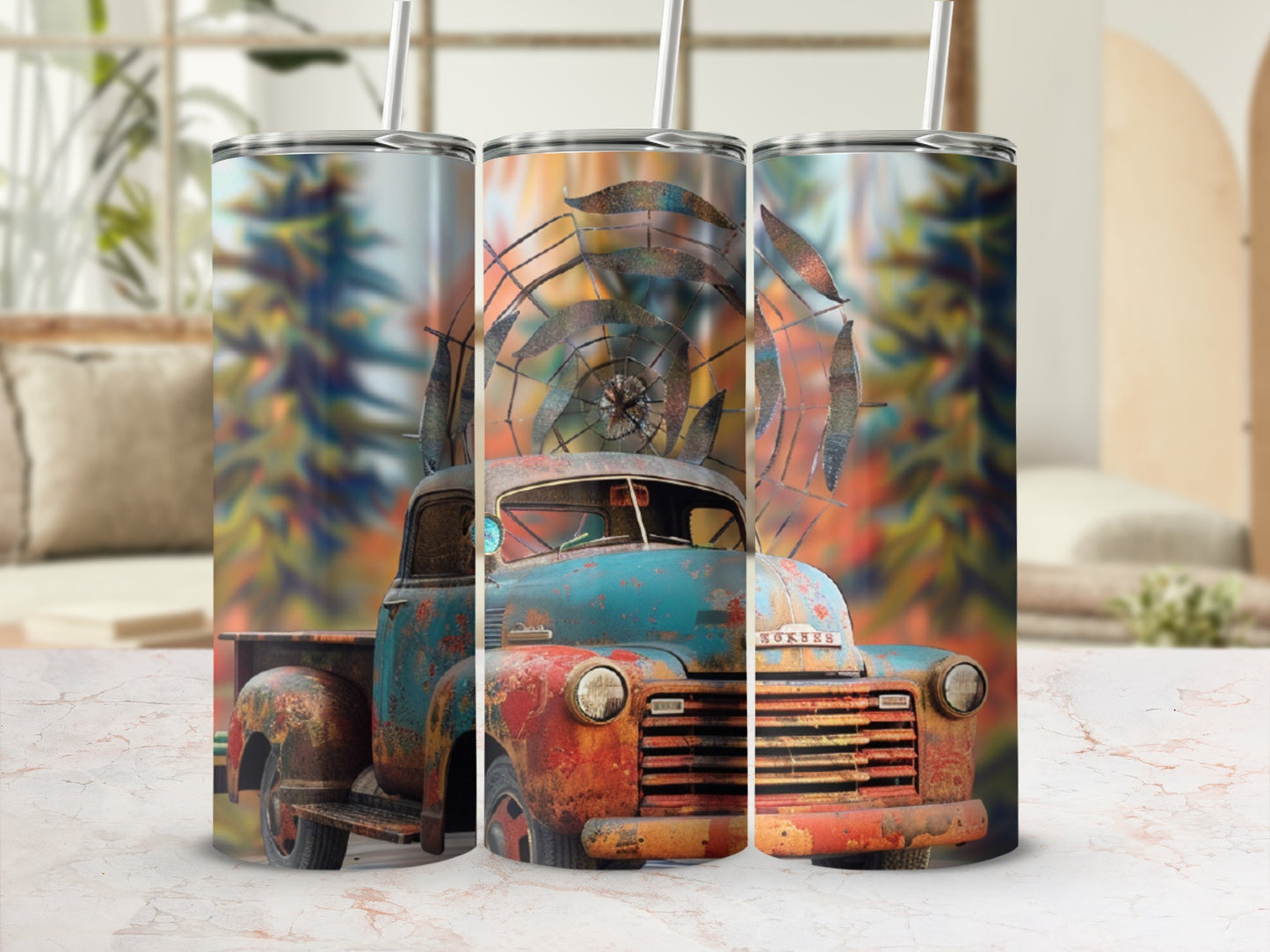 Rusty vintage truck with weathered spokes and floral background.