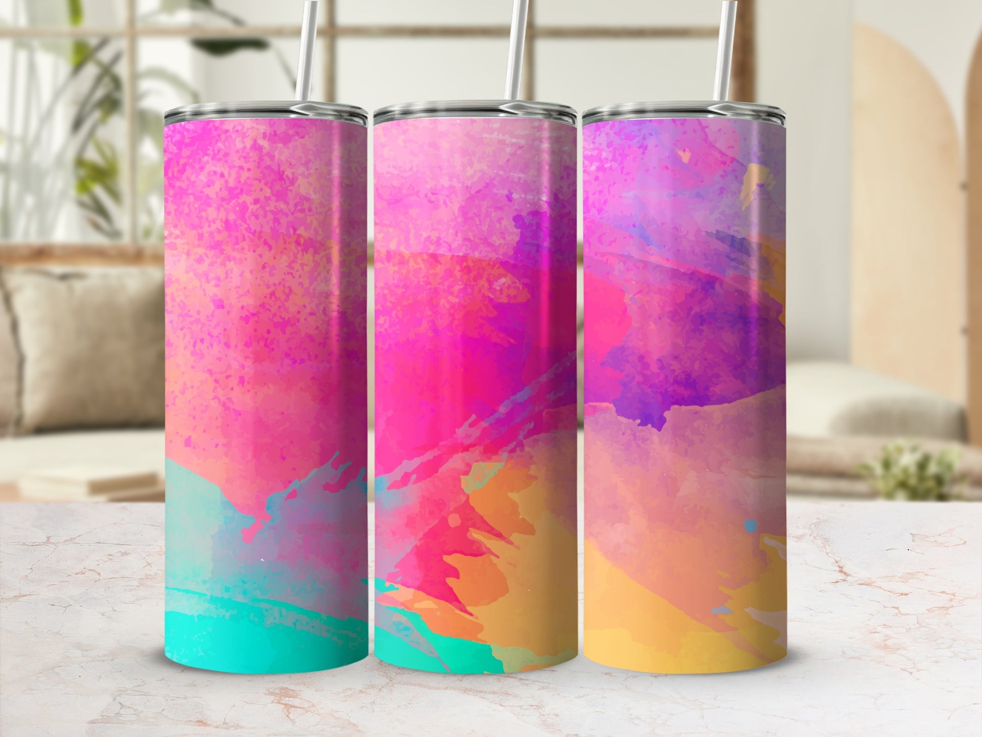 Three tumblers with abstract pink, purple, and teal watercolor designs.
