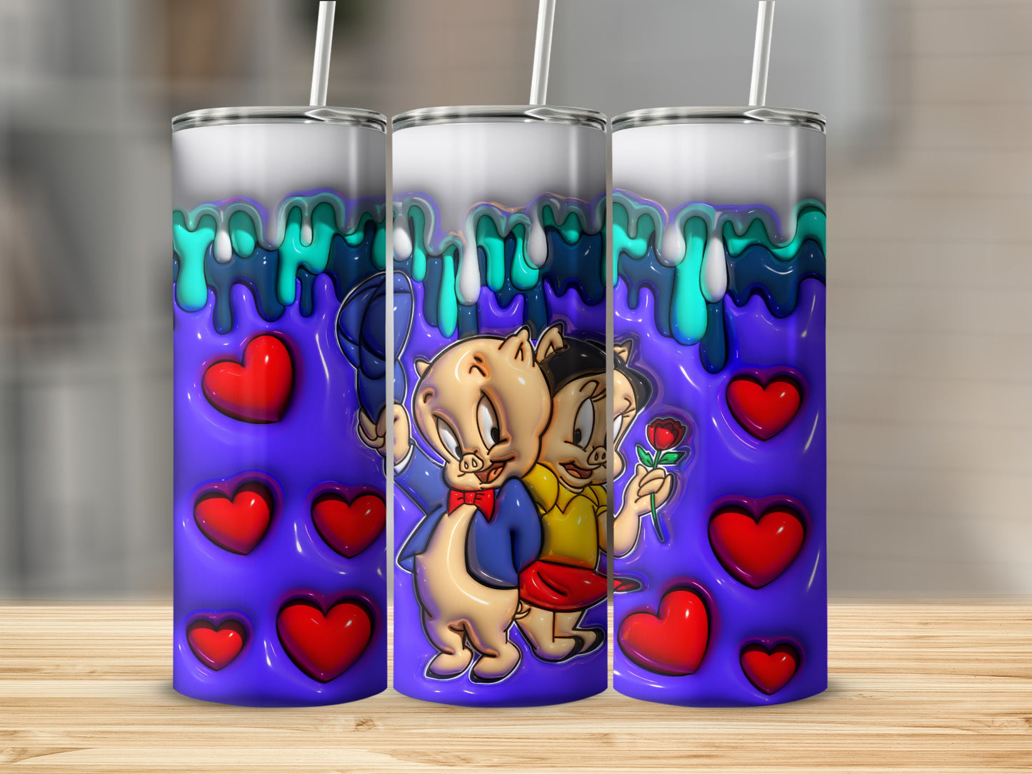 Cartoon Pig Characters with Hearts Design Tumbler
