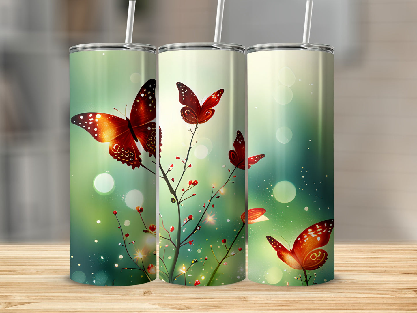 Three tumblers featuring red butterflies on branches against a bokeh background.