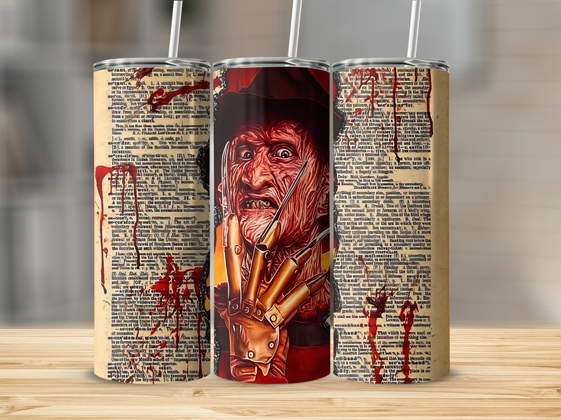 Freddy Krueger face on a tumbler with blood splatters and vintage text.