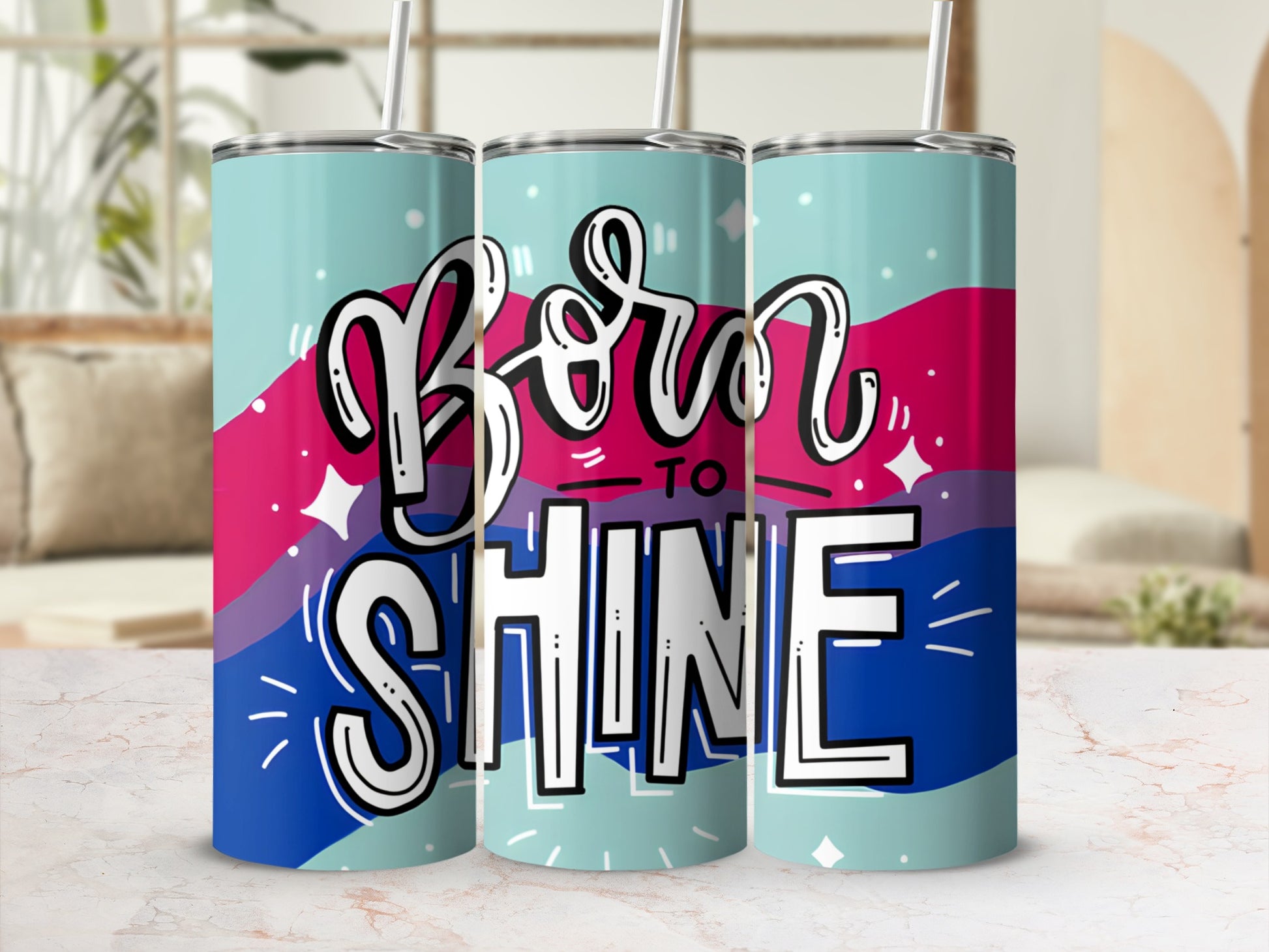 Born to Shine tumbler with bisexual pride flag colors and white script.