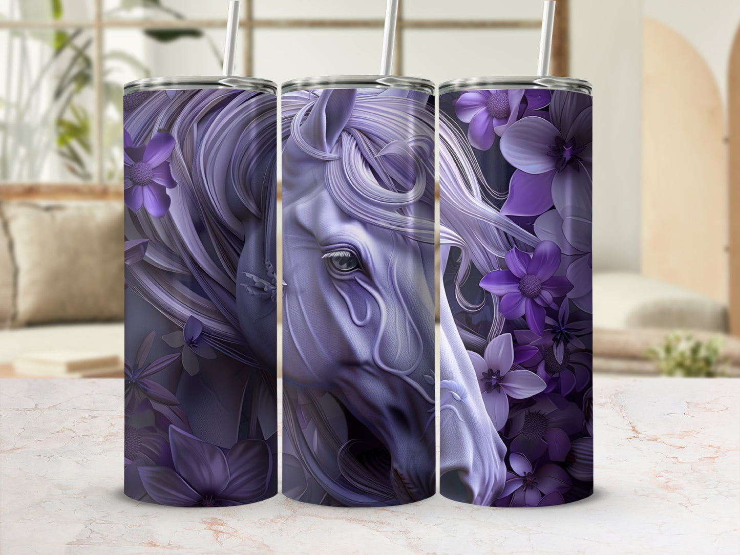 Purple horse with flowers design on three tumblers.