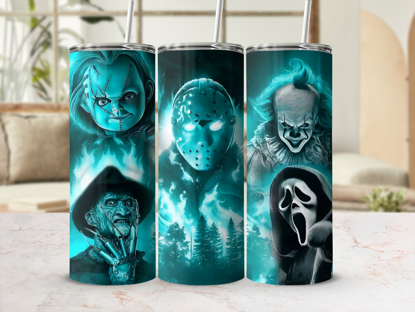 Horror movie characters Chucky, Freddy, Jason, Pennywise, and Ghostface on tumblers.