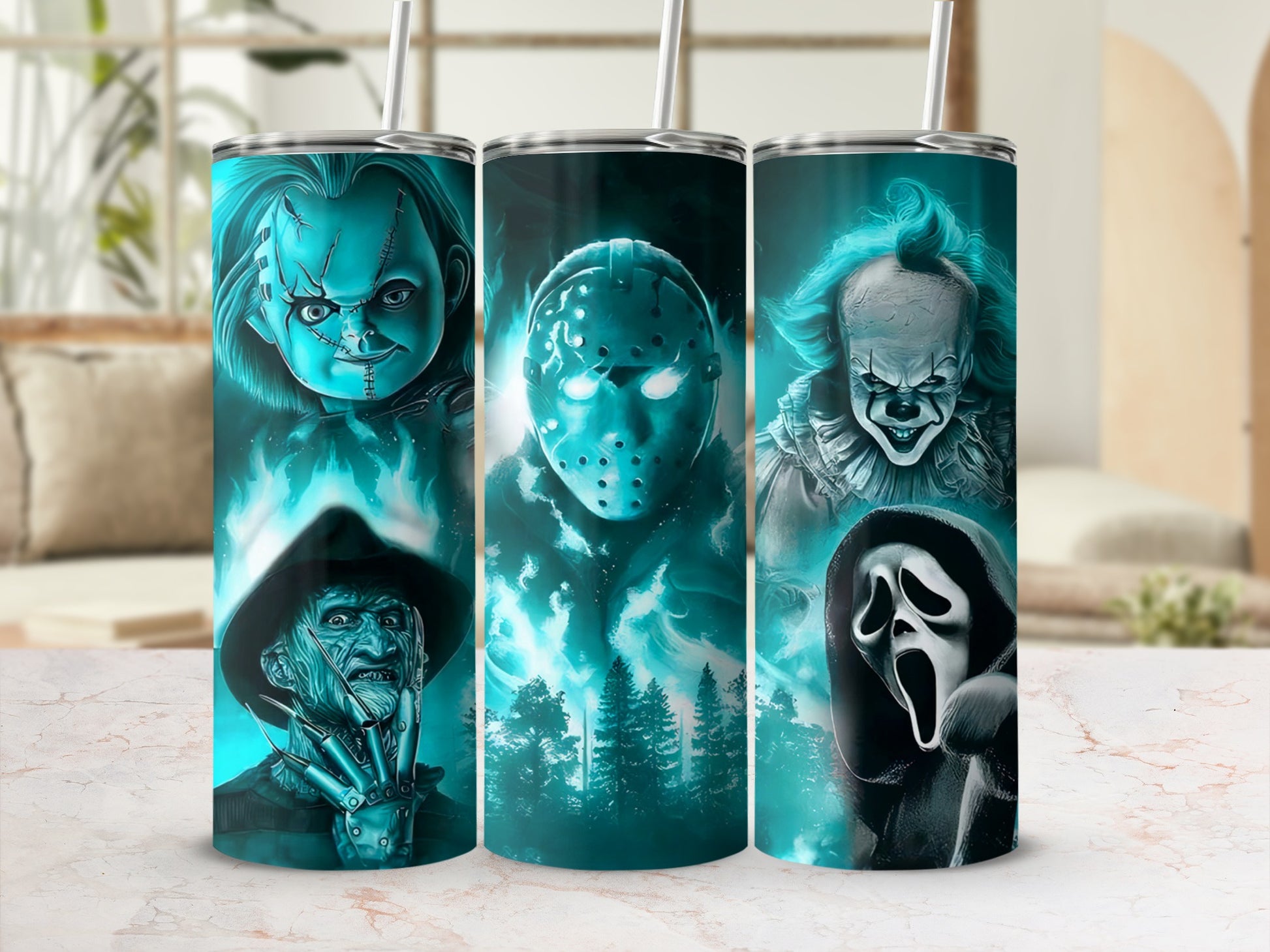 Horror movie characters Chucky, Freddy, Jason, Pennywise, and Ghostface on tumblers.