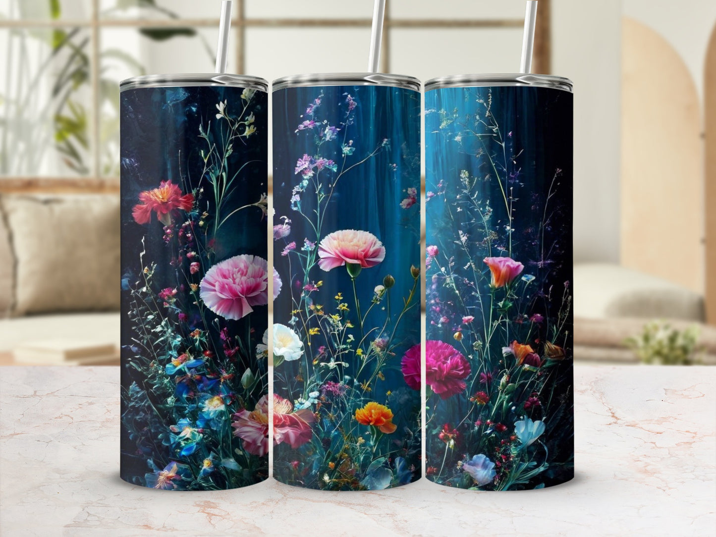 Three tumblers featuring a dark, moody floral design with vibrant pink and coral blooms.