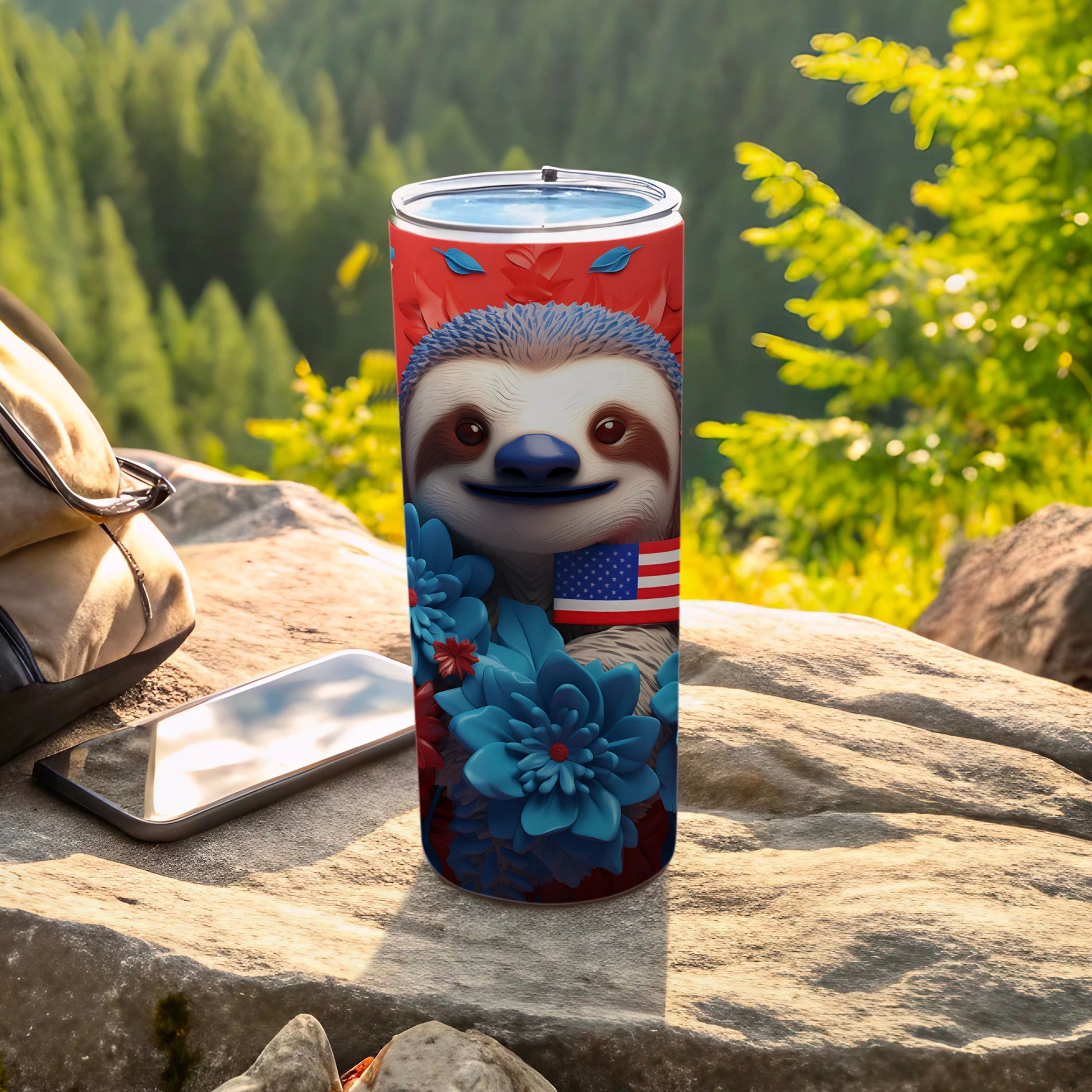 Sloth tumbler with American flag and blue flowers on a rock.