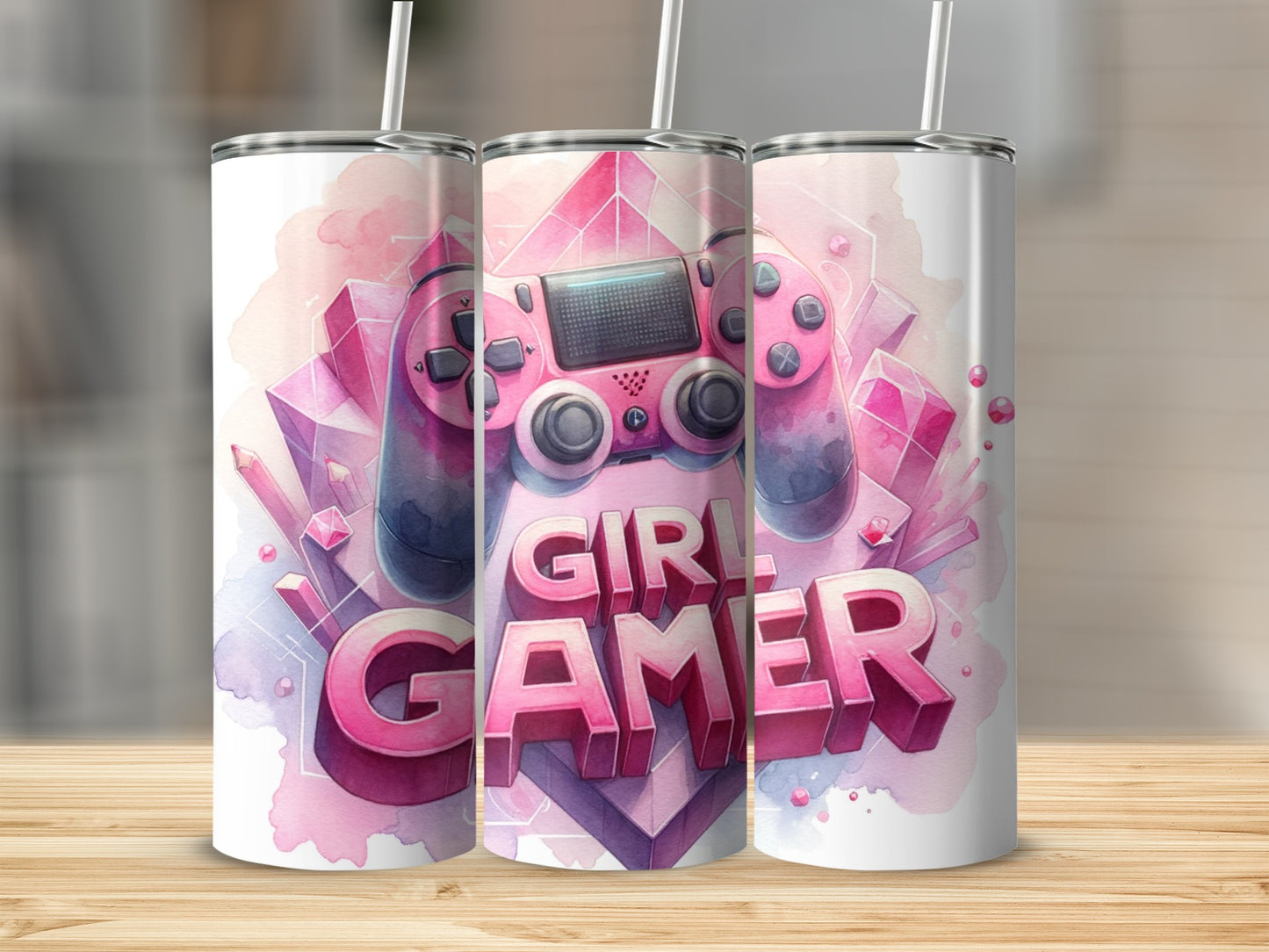 Pink tumbler with "Girl Gamer" text and watercolor crystal design.