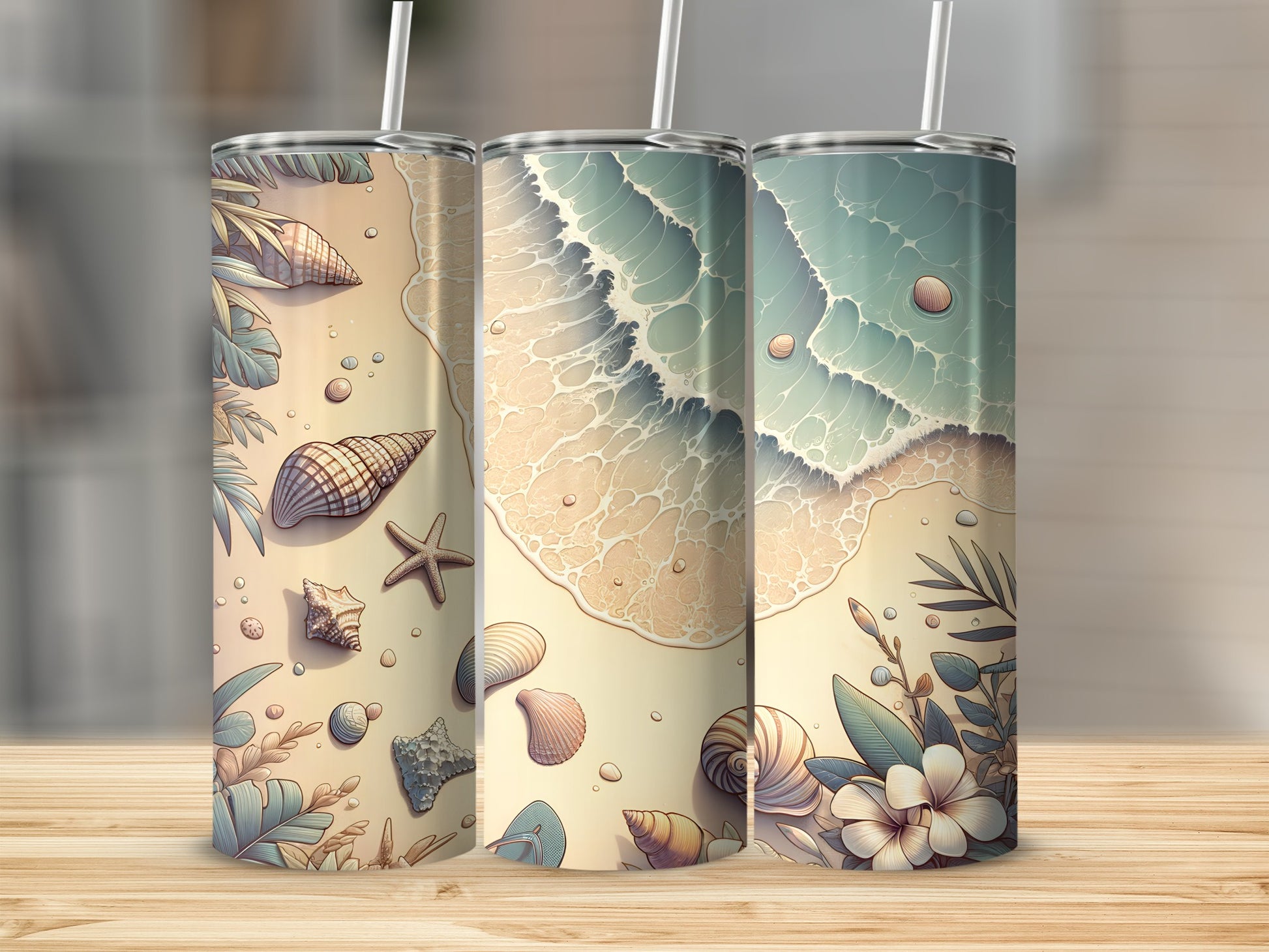 Three tumblers with beach and seashell designs.