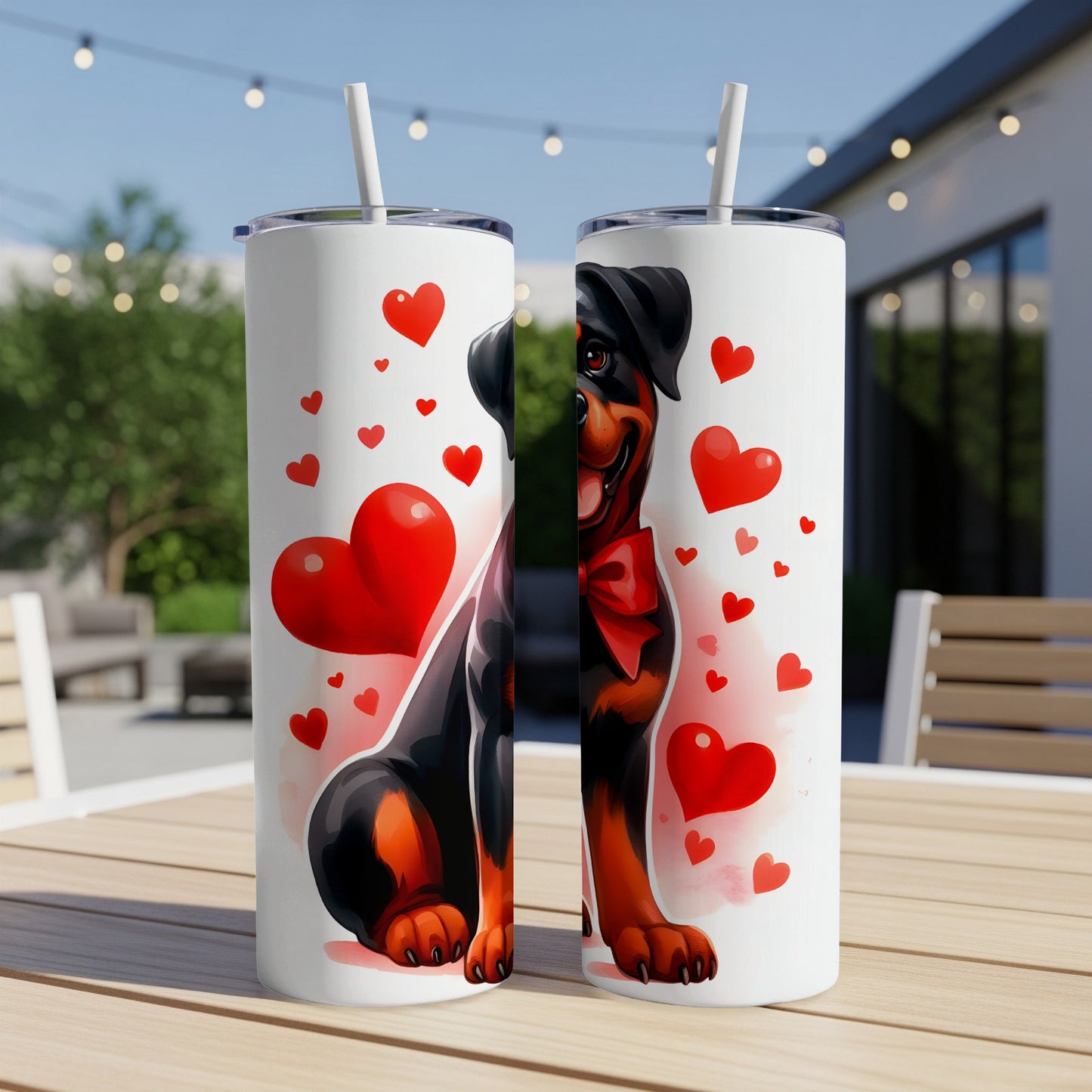 Rottweiler dog wearing red bow tie with hearts on a white tumbler.