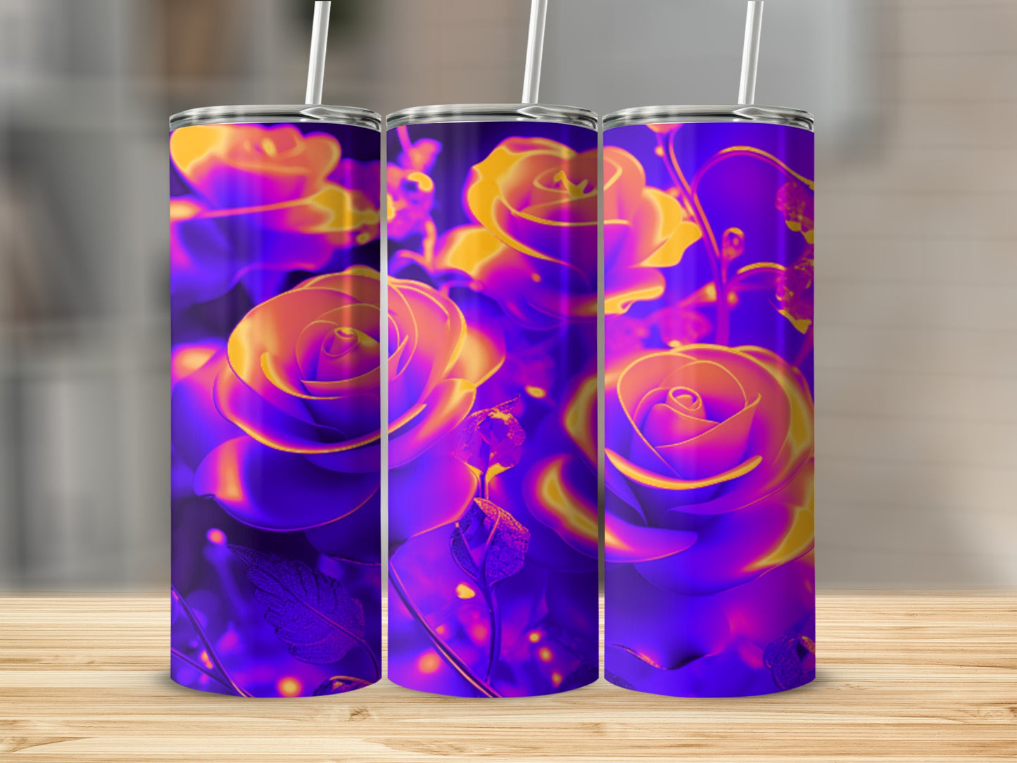 Three tumblers with vibrant purple and yellow rose floral pattern.