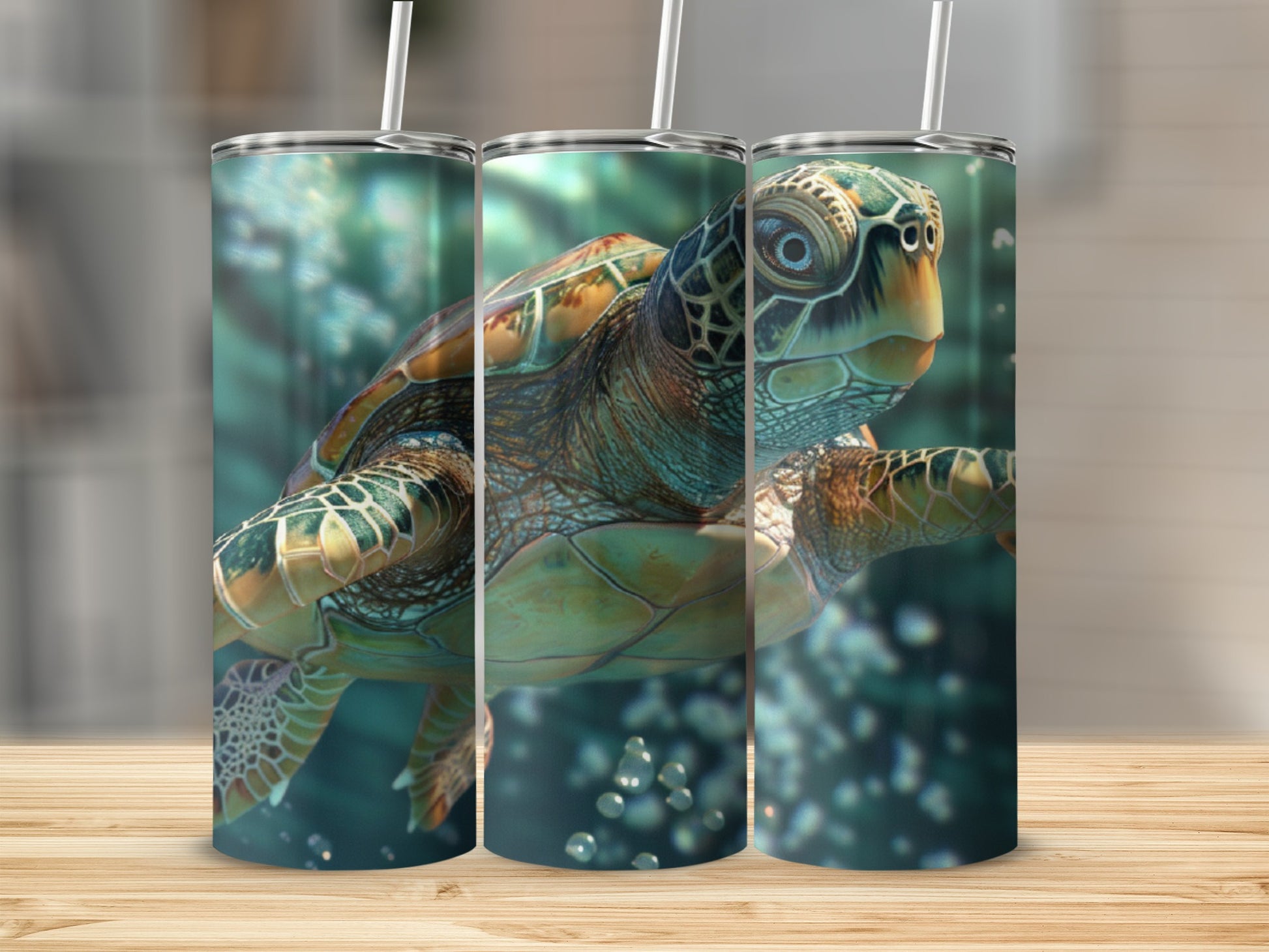 Sea turtle swims underwater with bubbles, three tumblers shown.