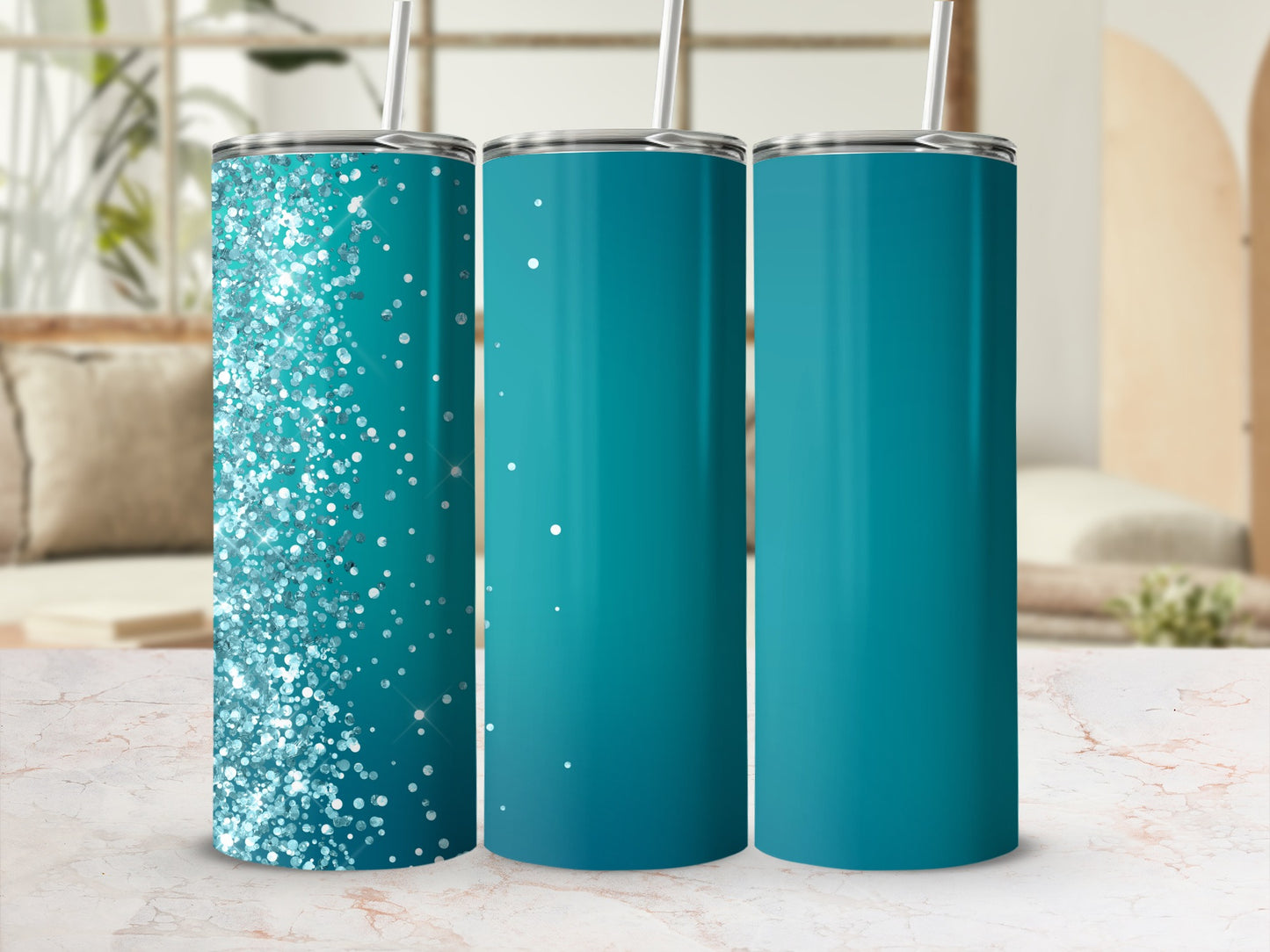 Three teal tumblers with straws; one with glitter, two solid.