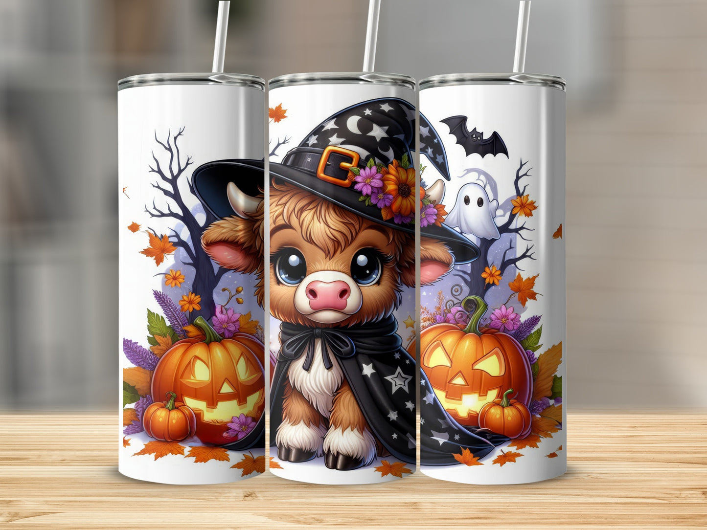 Cute cow in witch hat with pumpkins and ghosts on Halloween tumblers.