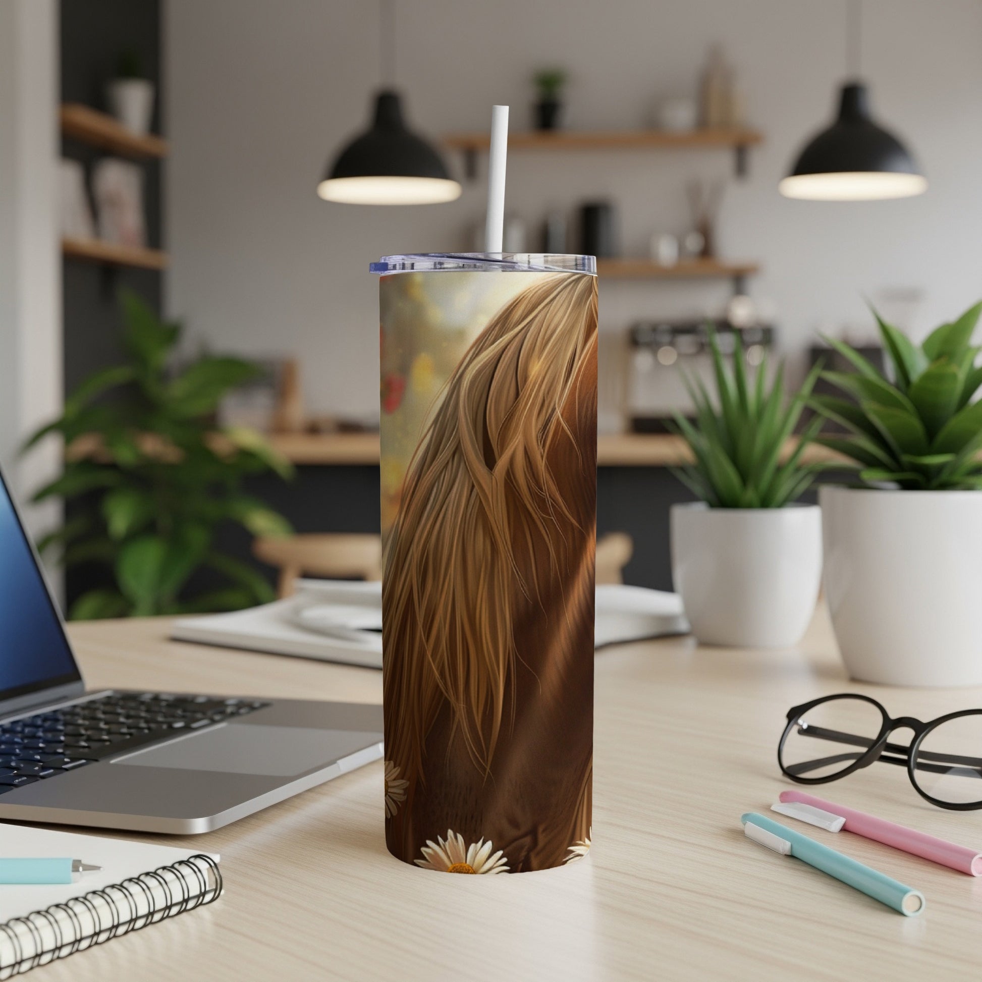 Horse's mane and wildflowers on a stainless steel tumbler.